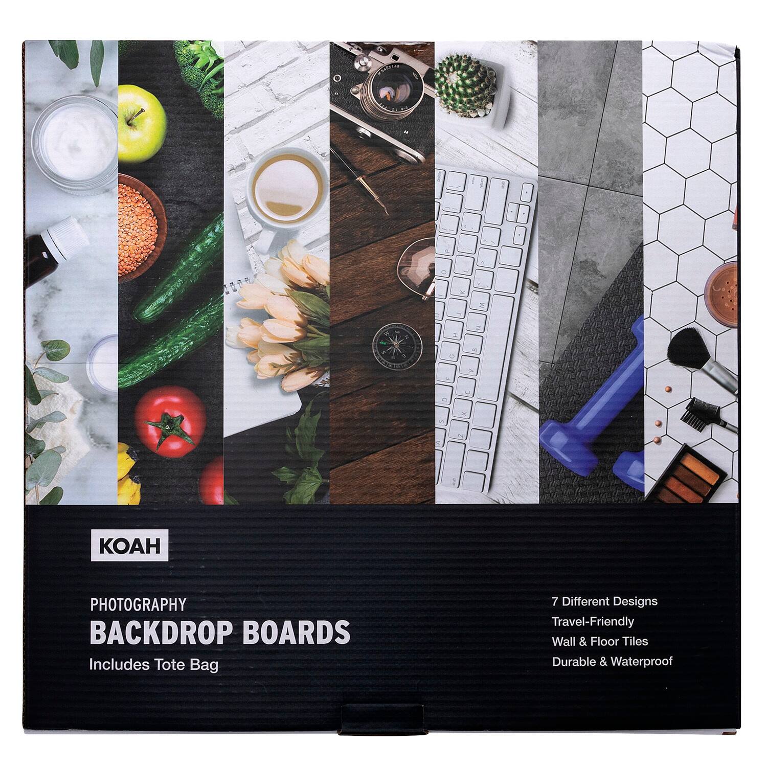 KOAH  
PHOTOGRAPHY BACKDROP BOARDS  
Includes Tote Bag  

7 Different Designs  
Travel-Friendly  
Wall & Floor Tiles  
Durable & Waterproof