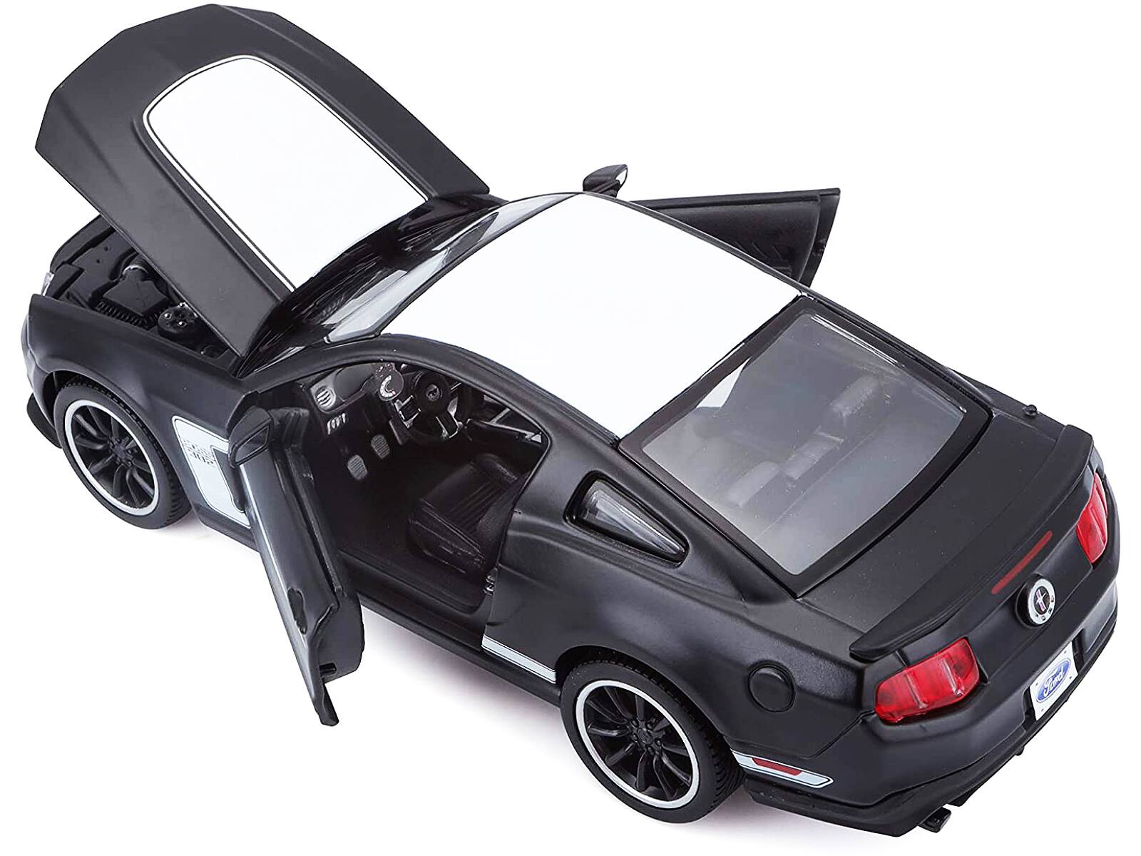 Alt View 2. Maisto - 2012 Ford Mustang Boss 302 Matt Black and White 1/24 Diecast Model Car by Maisto.