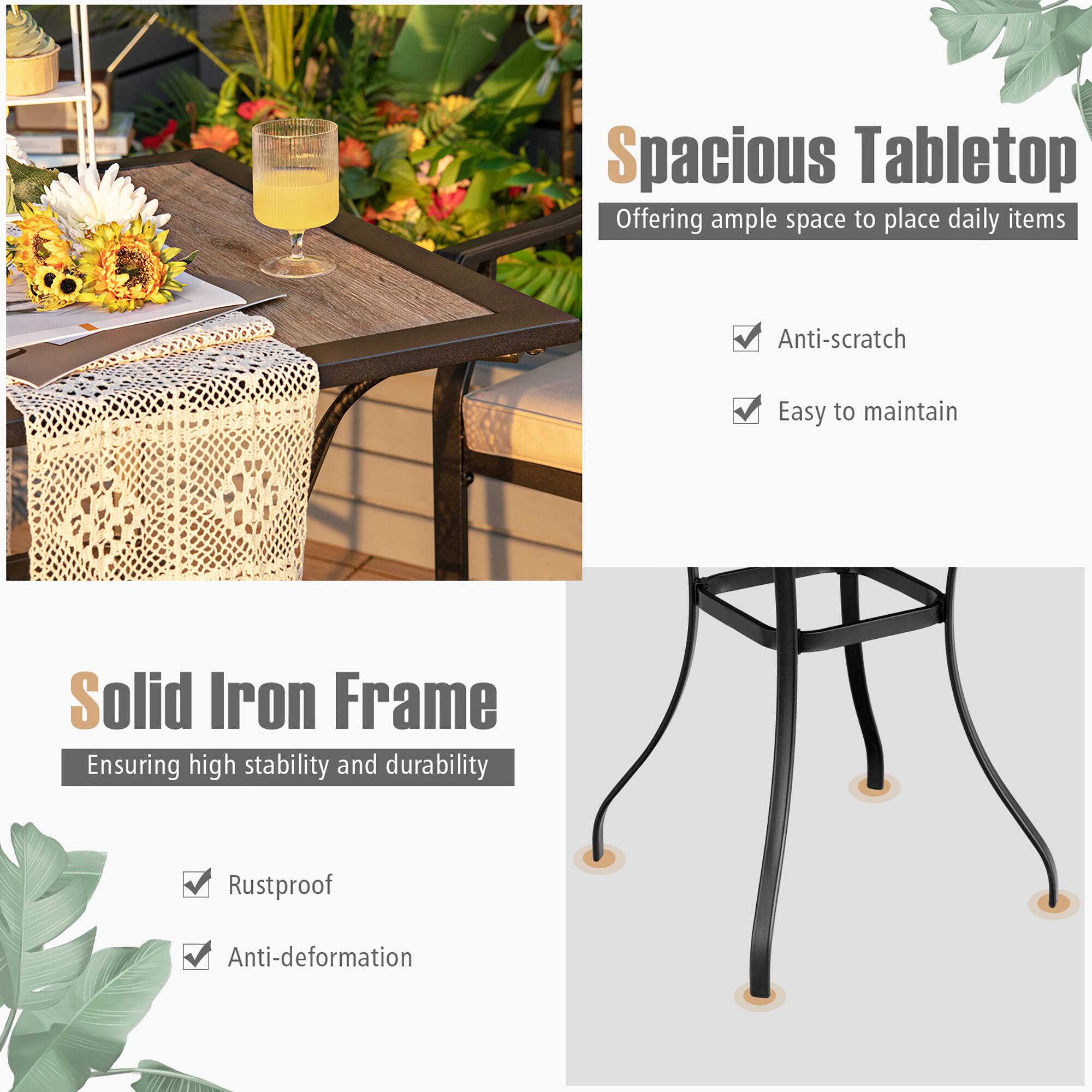 Spacious Tabletop  
Offering ample space to place daily items  
- Anti-scratch  
- Easy to maintain  

Solid Iron Frame  
Ensuring high stability and durability  
- Rustproof  
- Anti-deformation
