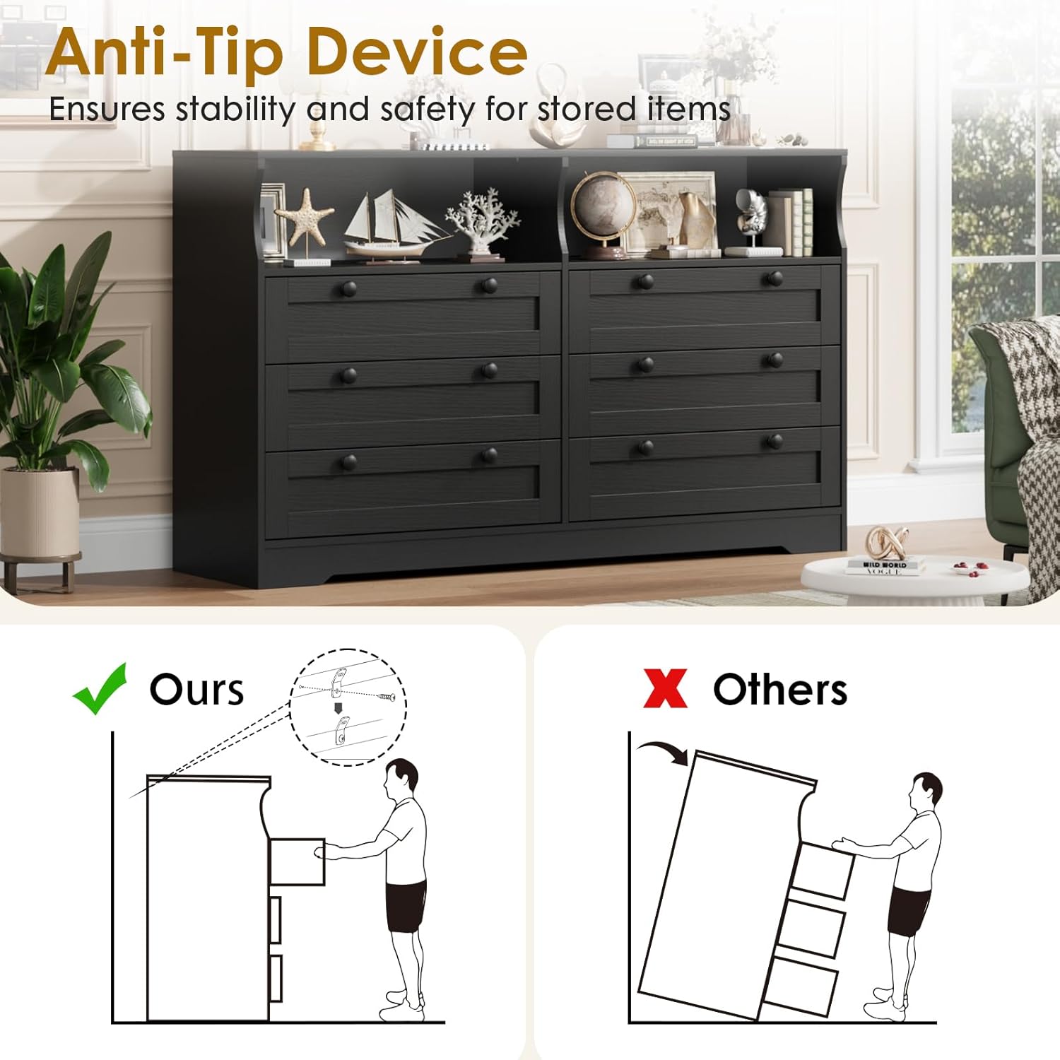 Anti-Tip Device  
Ensures stability and safety for stored items  

Ours  
Others