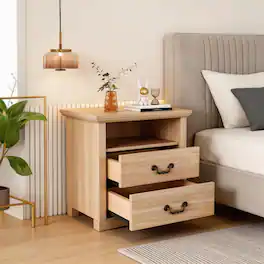 Vaczon - Rustic Nightstand Bedside Table with Open Shelf and 2 Drawers - Oak