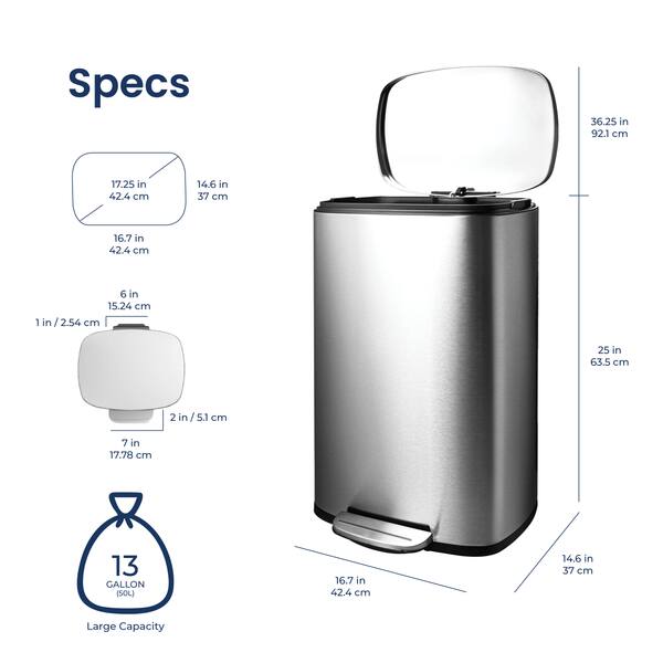 Sure, here is the corrected and grouped text:

**Specs**

- **Dimensions:**
  - 36.25 in / 92.1 cm
  - 17.25 in / 42.4 cm
  - 14.6 in / 37 cm
  - 16.7 in / 42.4 cm
  - 6 in / 15.24 cm
  - 25 in / 63.5 cm
  - 2 in / 5.1 cm
  - 7 in / 17.78 cm

- **Capacity:**
  - 13 Gallon (SOL)

- **Additional Details:**
  - Large Capacity

- **Other Measurements:**
  - 1 in / 2.54 cm
  - 2 in / 5.1 cm