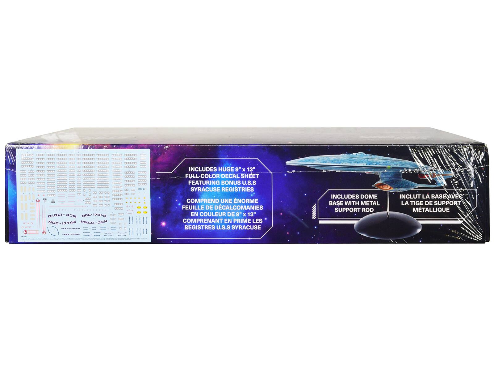 DIOLI-DON NCC-1701D NCC-17746  
NEC-17746  

INCLUDES HUGE 9" x 13" FULL-COLOR DECAL SHEET FEATURING BONUS U.S.S SYRACUSE REGISTRIES  
COMPREND UNE ENORME FEUILLE DE DÉCALCOMANIES EN COULEUR DE 9 x 13" COMPRENANT EN PRIME LES REGISTRES U.S.S SYRACUSE  

INCLUDES DOME BASE WITH METAL SUPPORT ROD  
INCLUT LA BASE AVEC LA TIGE DE SUPPORT MÉTALLIQUE