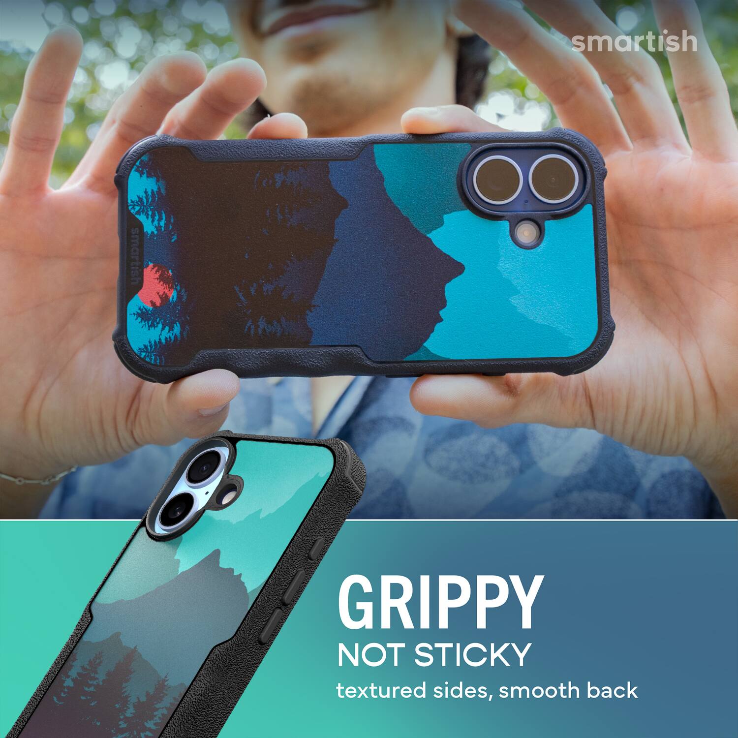 smartish  
GRIPPY NOT STICKY  
textured sides, smooth back