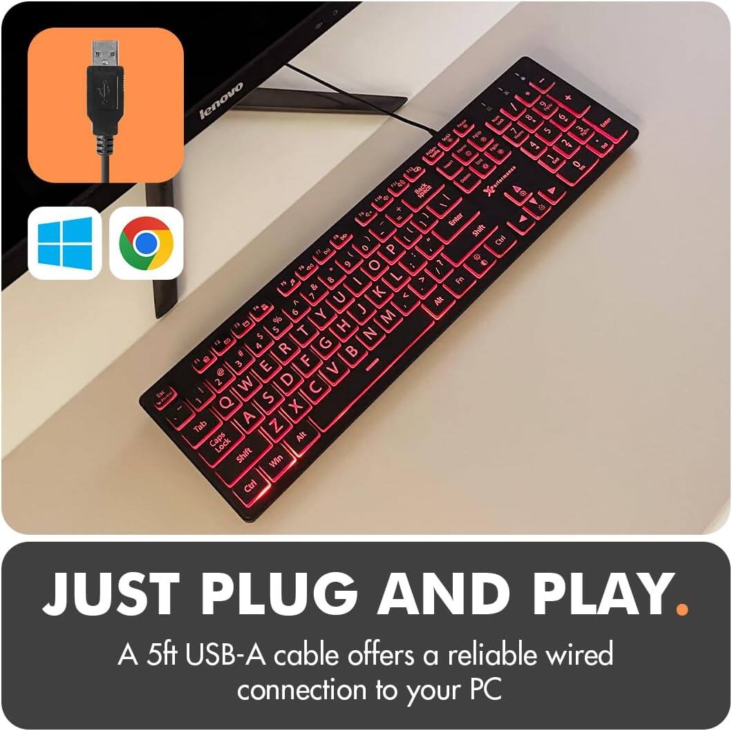 Esc - lenovo + o  -- s I J 7 5 f  . I 4  2  . . J I 3 La oi he I " s e A + - - - Enter Y 1 Shih - C be D P I . en 9 o . i J 8 I L A & 1s & 7 U K < a A AR Fn 6 J % Y M t H 5 T N S a3 - 4 G d R   3 F O E V 2 W D C ! 1 Q S I x A Z Tab Caps Alt Lock Shift Win Ctrl JUST PLUG AND PLAY. A 5ft USB-A cable offers a reliable wired connection to your PC.