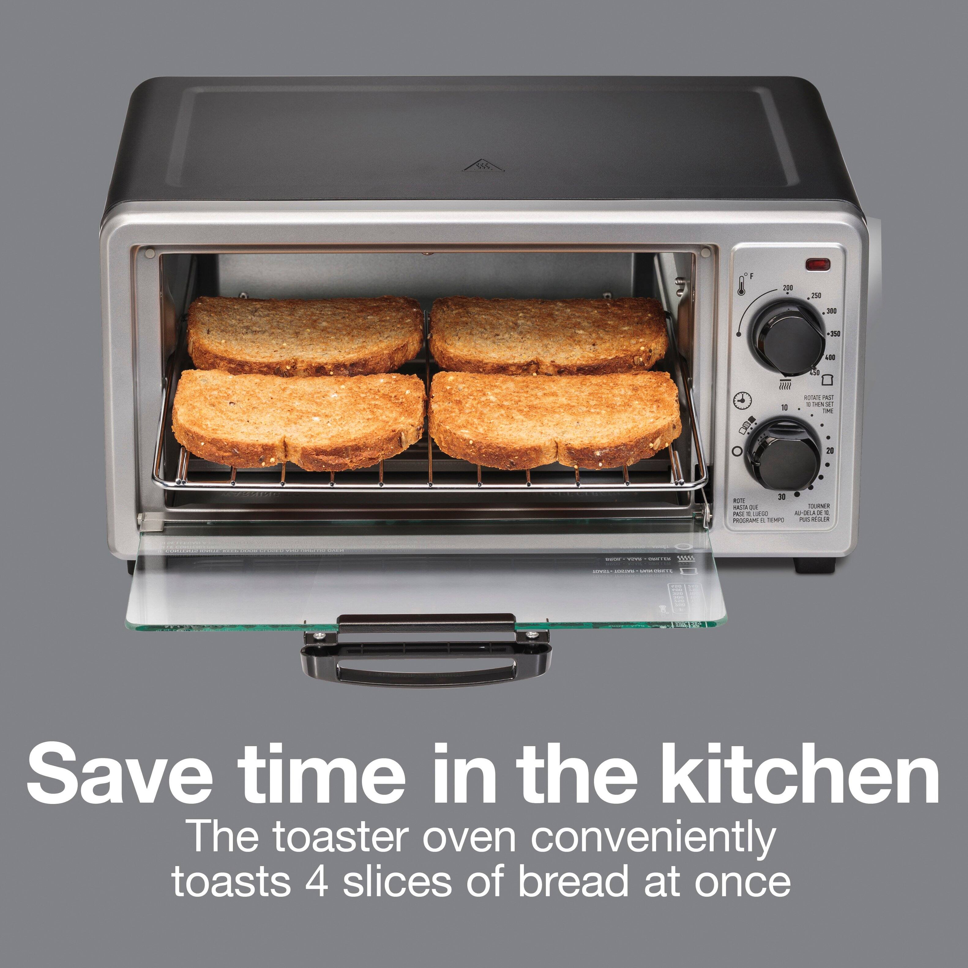 Save time in the kitchen  
The toaster oven conveniently toasts 4 slices of bread at once