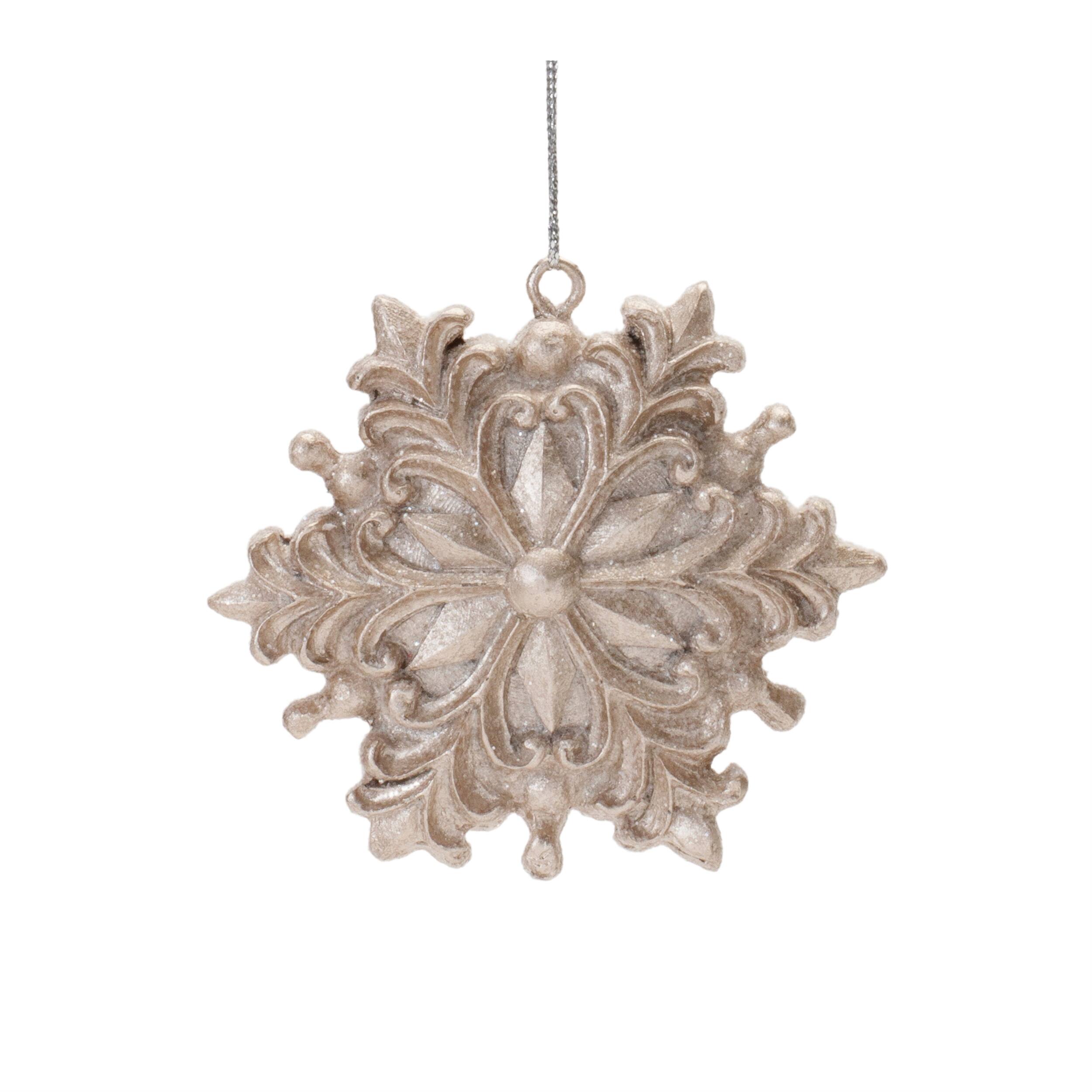 Left. BreeBe - Ornate Champagne Snowflake Ornament (Set of 12) - Gold, Silver.
