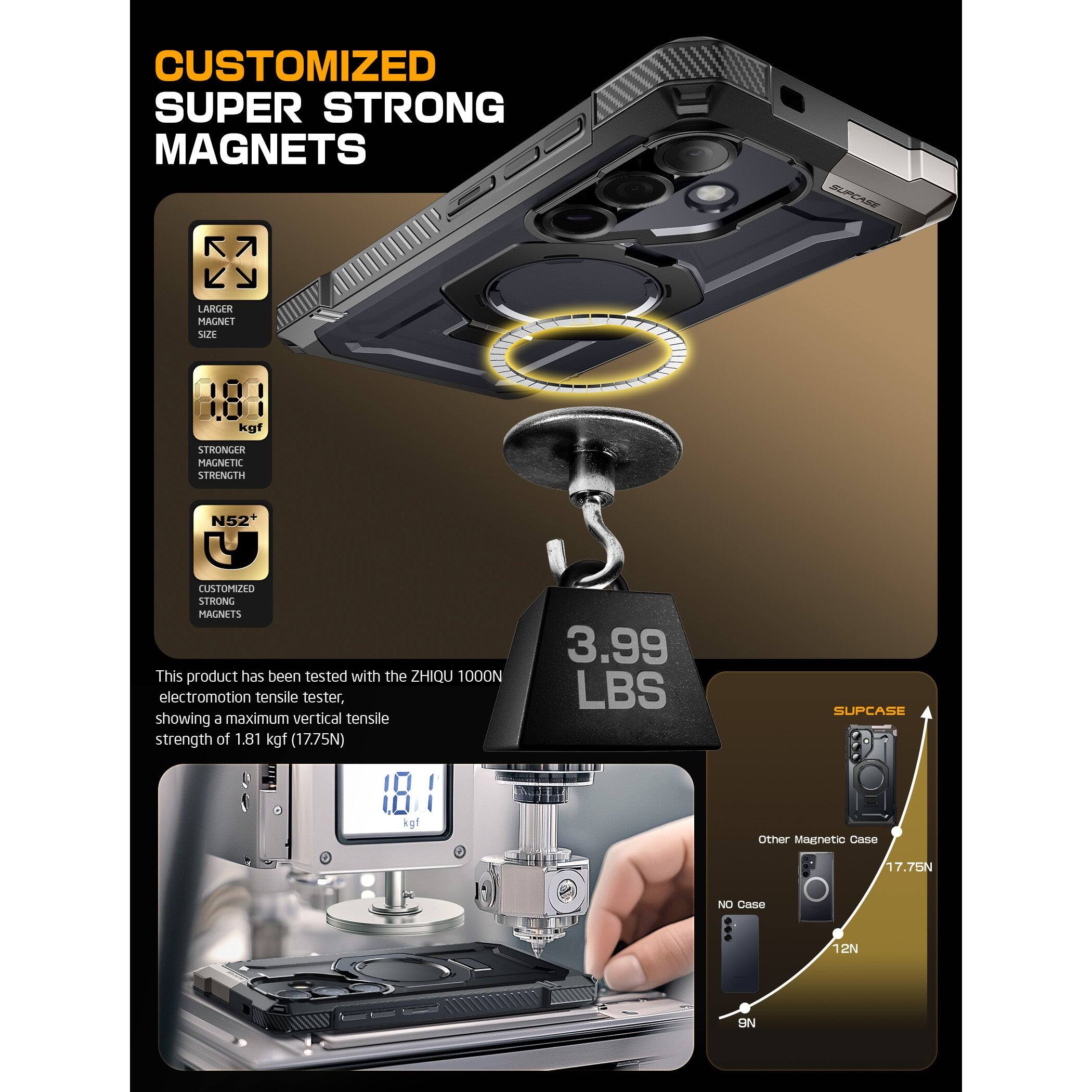 CUSTOMIZED SUPER STRONG MAGNETS

- LARGER MAGNET SIZE
- 1.81 kgf
- STRONGER MAGNET STRENGTH N52
- CUSTOMIZED STRONG MAGNETS

This product has been tested with the ZHIQU 1000N electromotion tensile tester, showing a maximum vertical tensile strength of 1.81 kgf (17.75N)

3.99 LBS

SUPCASE
- Other Magnetic Case: 17.75N
- NO Case: 12N
- 9N