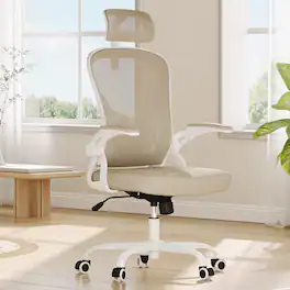 Lirago - Ergonomic High Back Mesh Office Chair Adjustable Headrest Lumbar Support Flip Up Arms Home Study - Beige