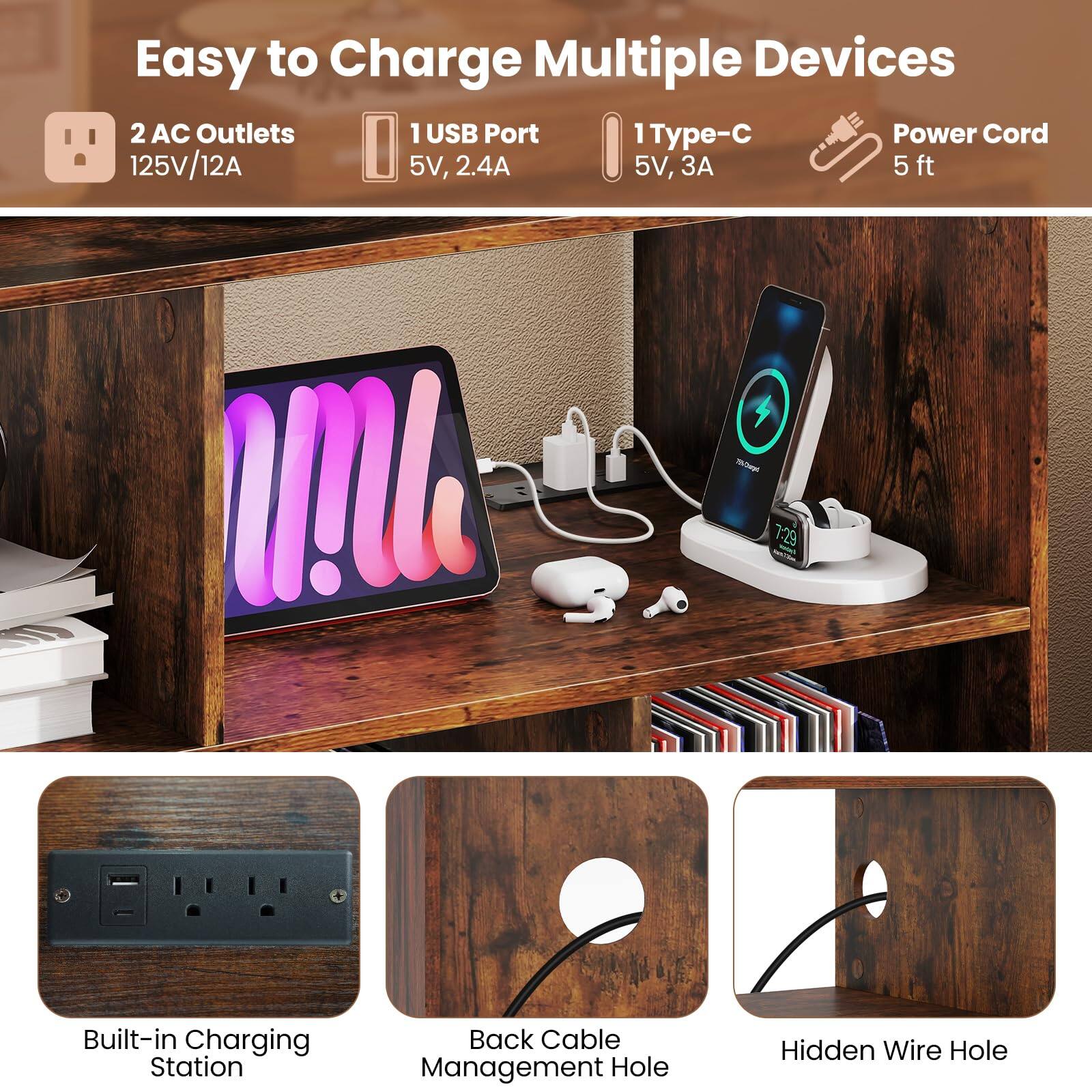 Easy to Charge Multiple Devices

- 2 AC Outlets
  - 125V/12A

- 1 USB Port
  - 5V, 2.4A

- 1 Type-C
  - 5V, 3A

- Power Cord
  - 5 ft

- Built-in Charging Station

- Back Cable Management Hole

- Hidden Wire Hole