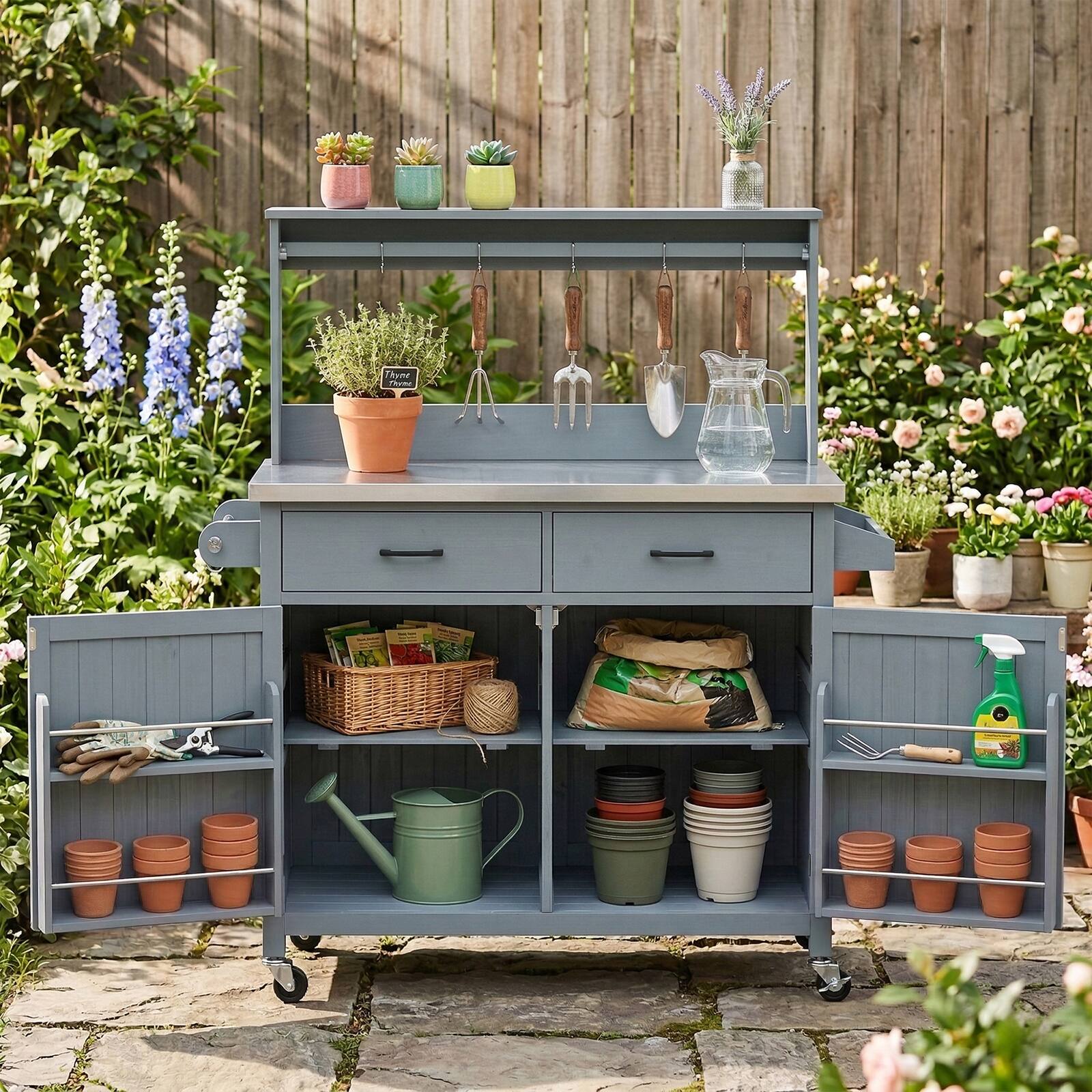 Alt View 6. Chateau Abodes - 54.1" Outdoor Kitchen Island with High Shelf, Stainless Steel Top & Storage Cabinet & Lockable Wheels - Grey Blue.