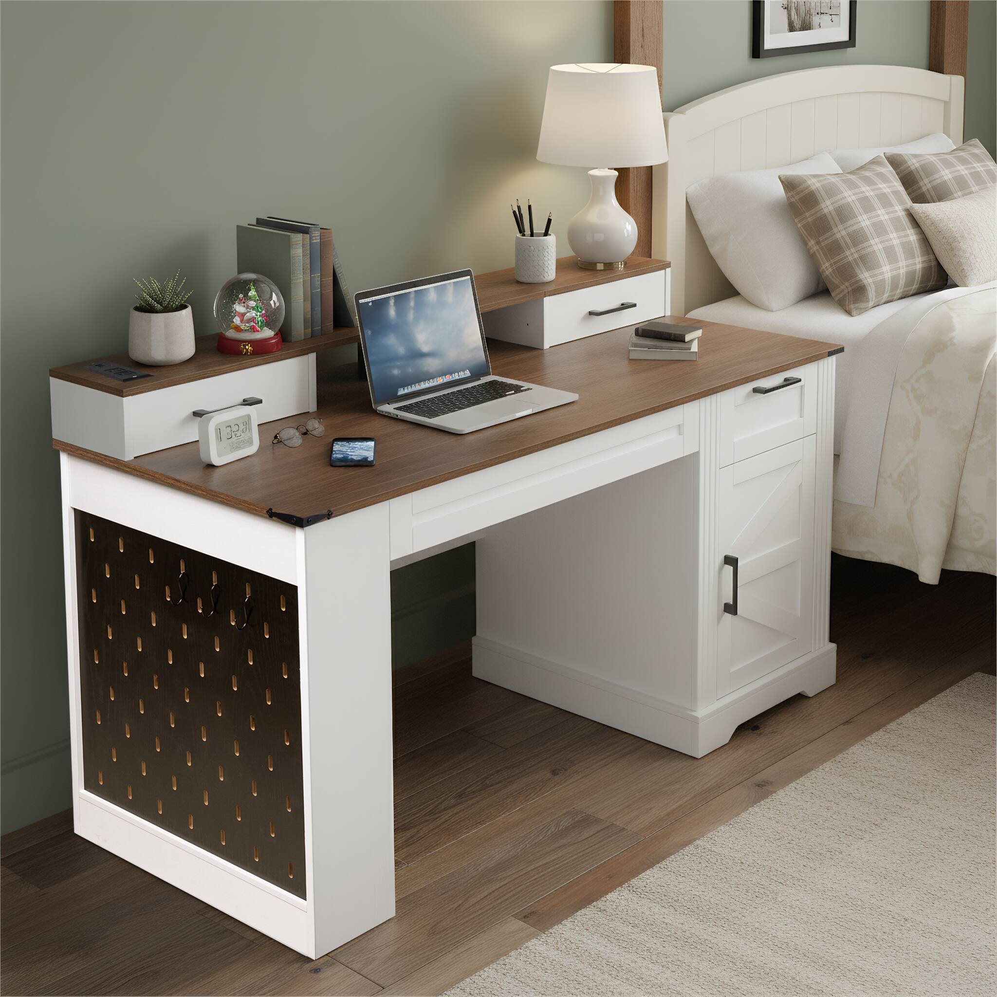 Alt View 2. Boyel Living - 55 Inch Farmhouse Desk with Barn Door Cabinet and Charging Station White and Brown - White.