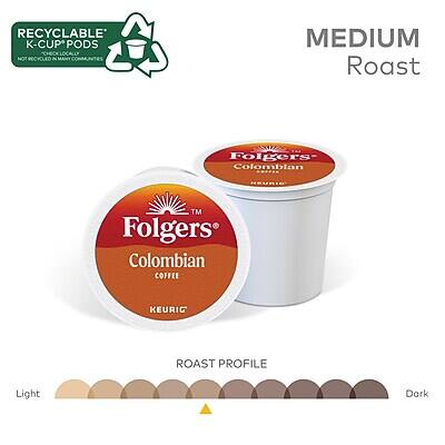 RECYCLABLE K-CUP PODS  
NOT RECYCLED IN MANY MEDIUM Roast  

Folgers Colombian COFFEE  
KEURIG  

MEDIUM Roast  

ROAST PROFILE  
Light ▼ Dark