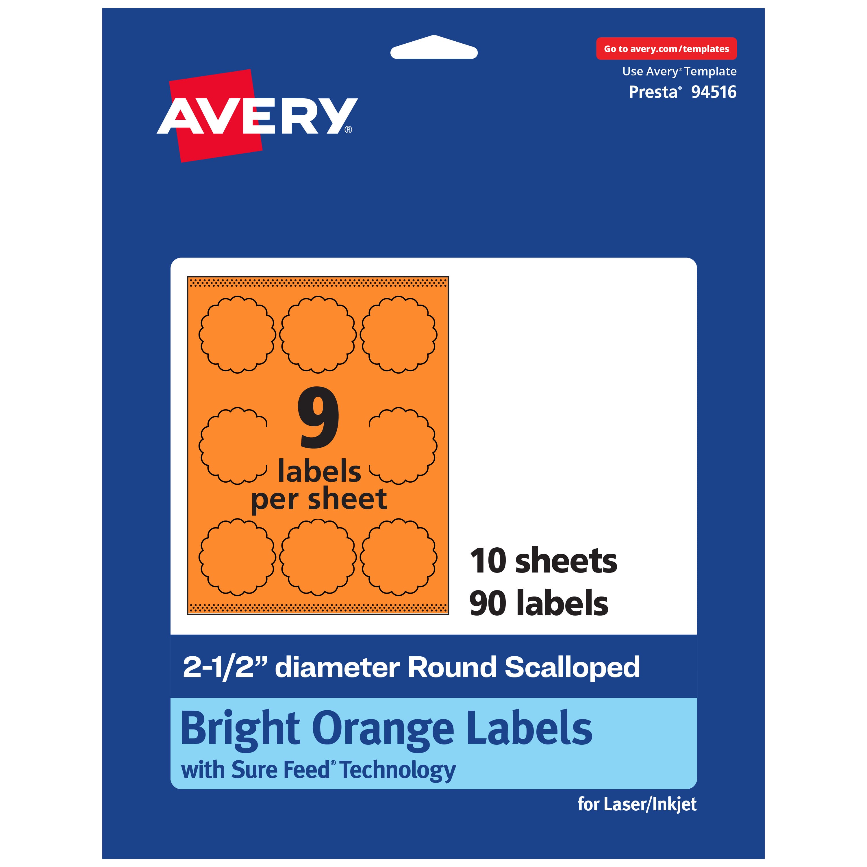 Avery - Round Scalloped Labels, Bright 2.5" Diameter, 90ct - Orange