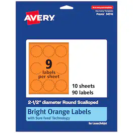 Avery - Round Scalloped Labels, Bright 2.5" Diameter, 90ct - Orange