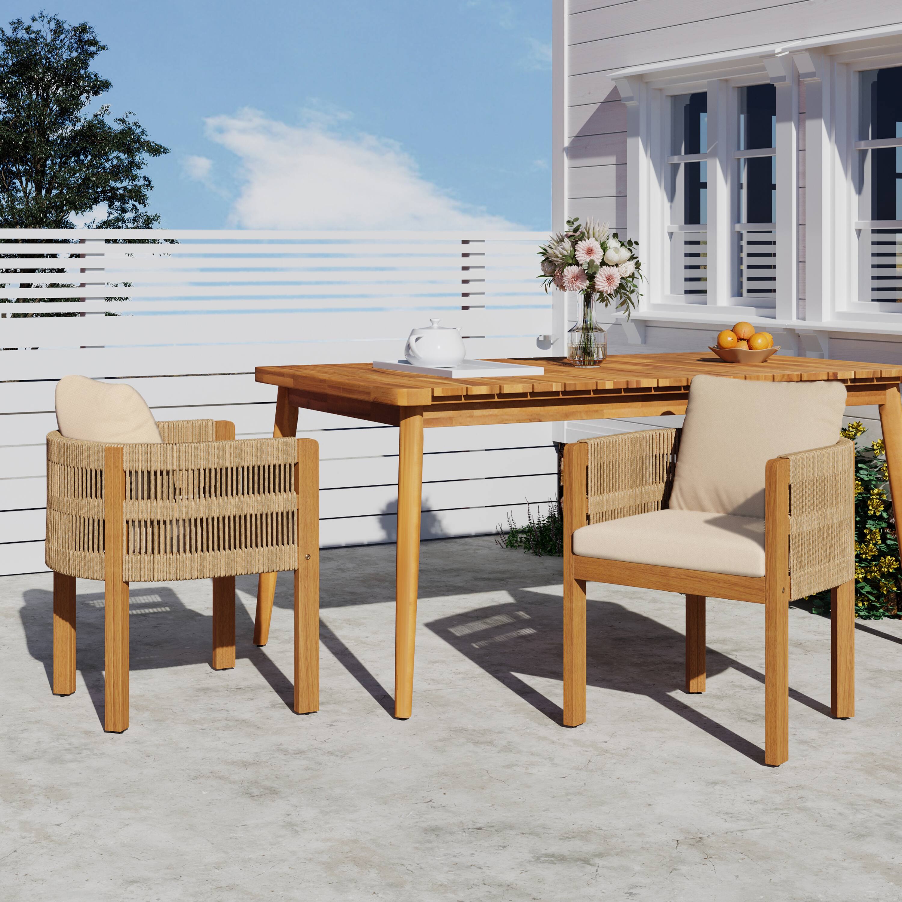 Left. Mondawe - Set of 2 Acacia Wood Outdoor Dining Chairs with Cushions - Beige.