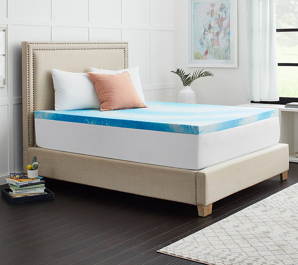 Left. Sealy - 3” Gel Memory Foam Mattress Topper with Cover - Blue.