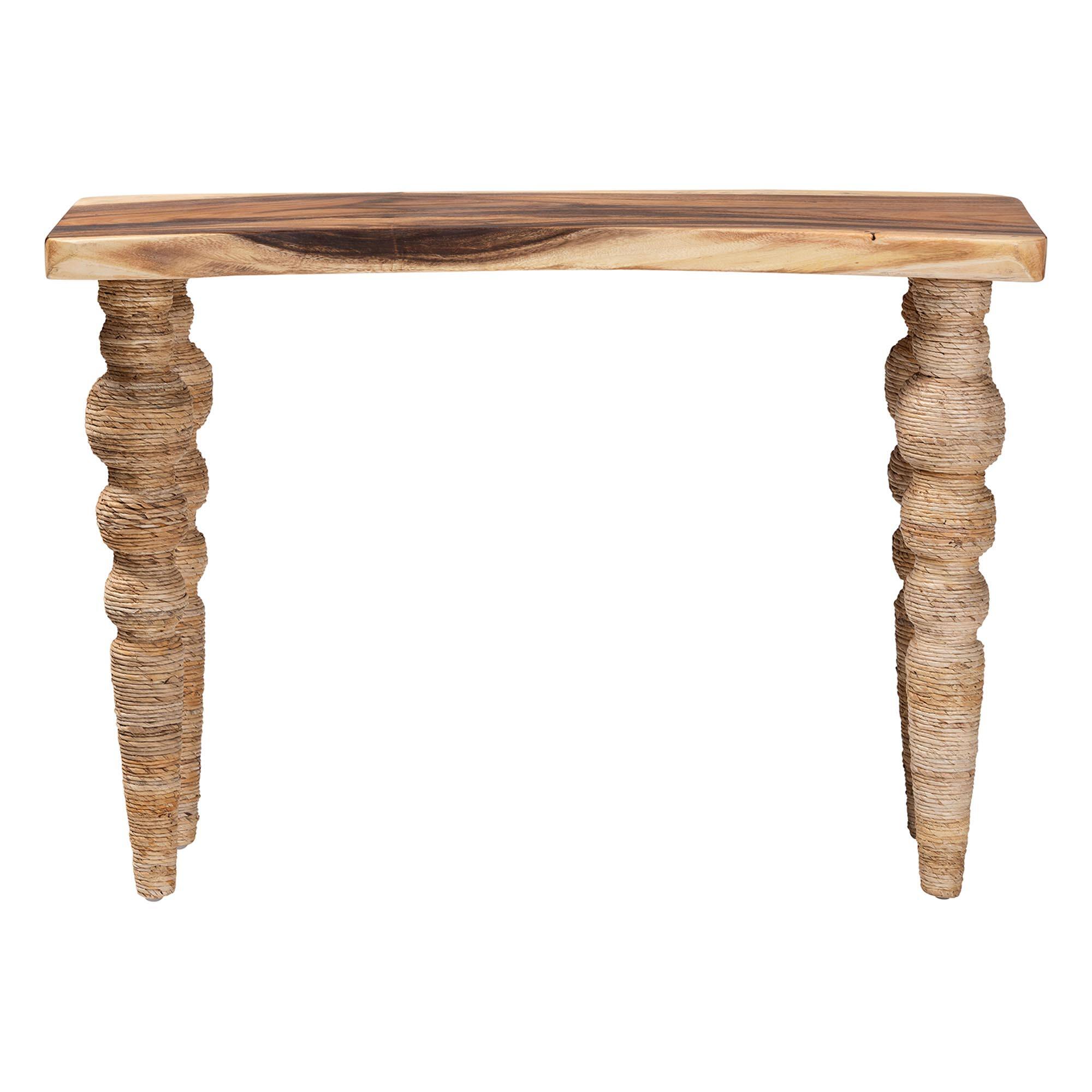 Angle. bali & pari - Nasnan Teak Wood Console Table with Seagrass- Sculptural Narrow Entryway Table with Hand-wrapped Turned Legs - Natural Brown.