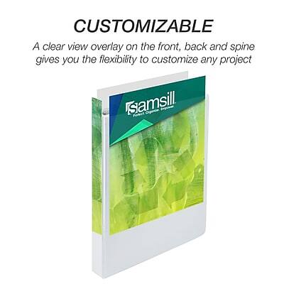 CUSTOMIZABLE

A clear view overlay on the front, back, and spine gives you the flexibility to customize any project

Samsill