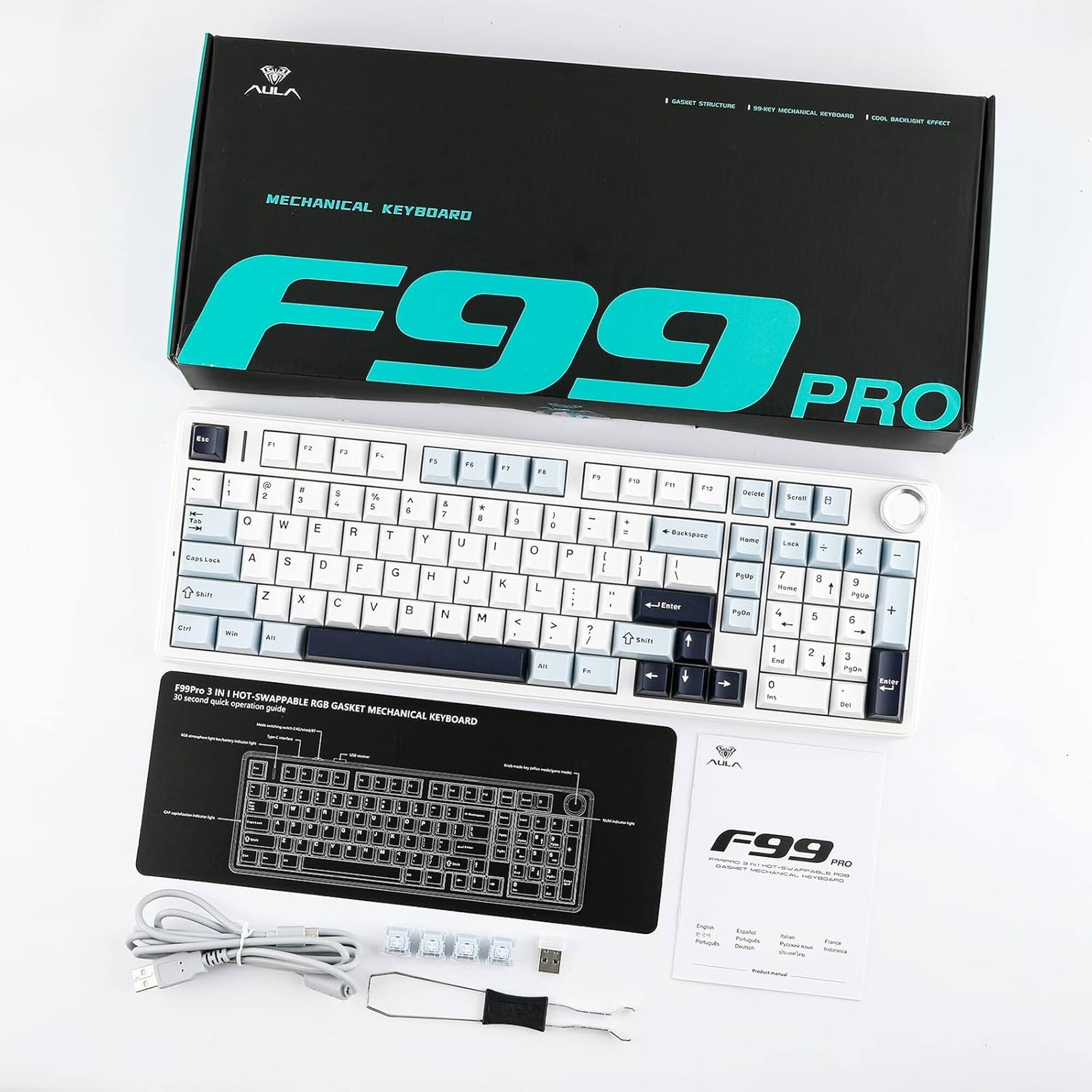 AULA SASMT CTU - -- - - -E CAT tmarY MECHANICAL KEYBOARD F99 PRO fo n d. " t. . . .. . " 1 F - T . PM  a Buoke 2 3 10 + a a H - . . 7  . : TuS C W  + E R . 7 Y Enipnd u ma LOcs  o - x A P I S D I - F G - - H 1 PIM 1 J K 8 . L 1 SAI Z Perca x C - V  Enter + N PuRA 4 5 M - e a - - 9 Al / Sla 1 2 2 Em I -  o o Rater F9SPro 3 IM I HOT - - quich SWAPPABLE Operation guide RGB GASKET - MECHANICAL KEYBOARD AUA : 1 - 1 1 1 : 1 . . : -    P - a F99 PVD Fe Fed P - -a
