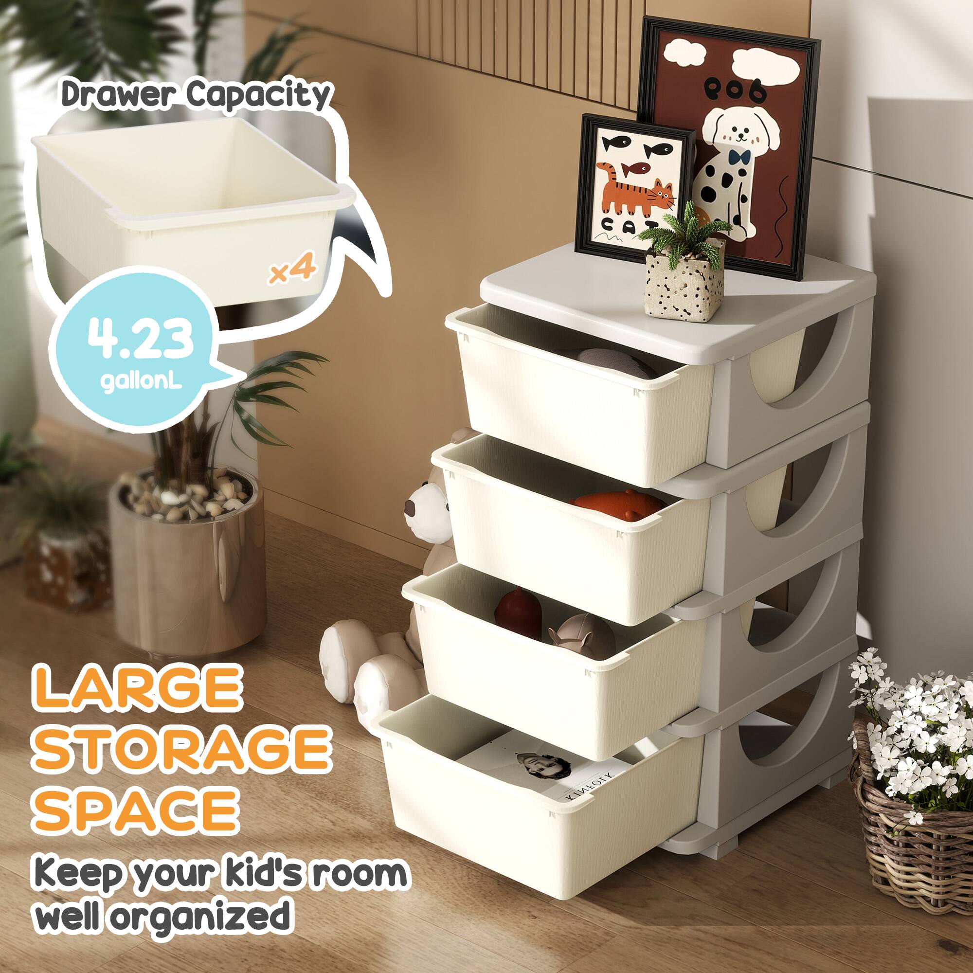 Drawer Capacity  
4.23 gallonL x4  

LARGE STORAGE SPACE  
Keep your kid's room well organized