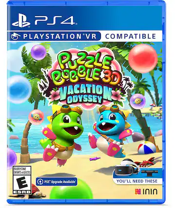 PS4. PLAYSTATION VR COMPATIBLE
PUZZLE BOBBLE 3D VACATION ODYSSEY
EVERYONE ENFANTS ET ADULTES
ESRB E
PS5 Upgrade Available
YOU'LL NEED THESE
ININ - RP (Rating Pending)