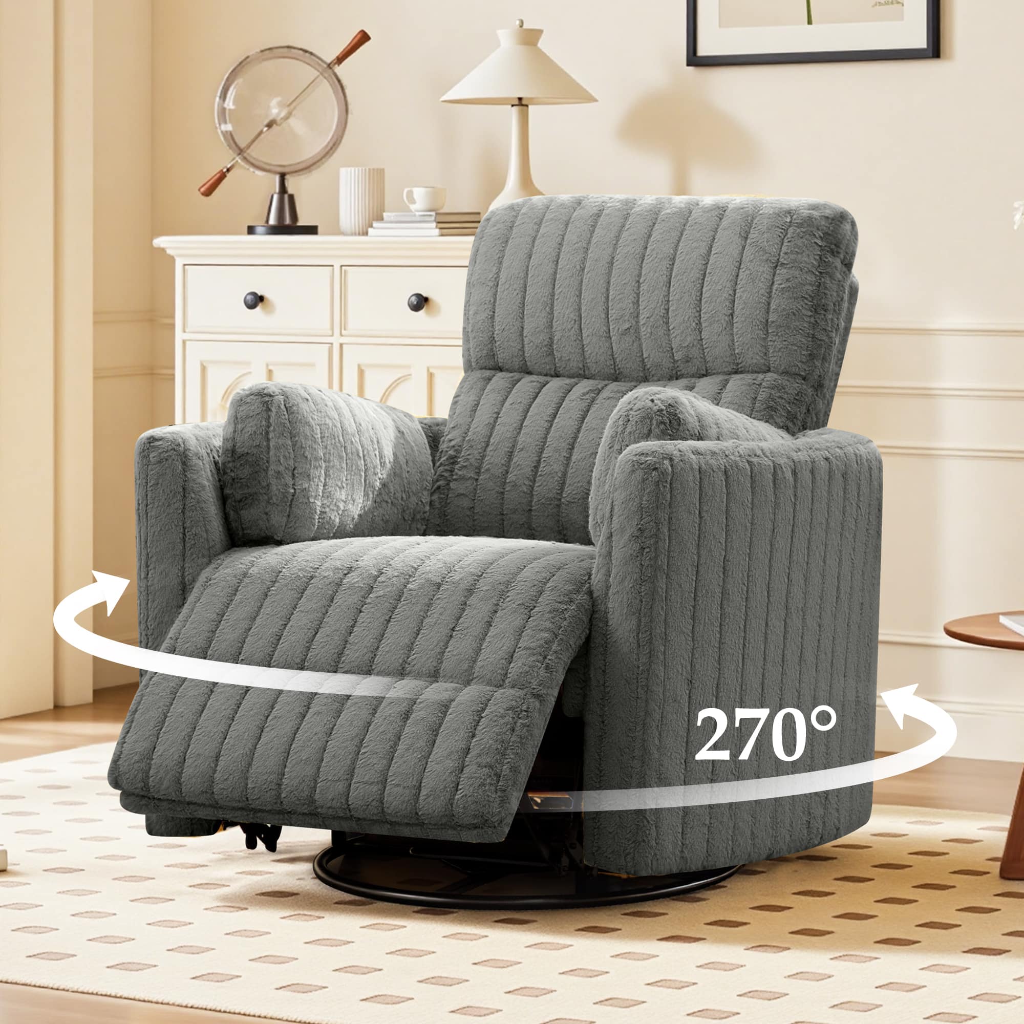 KERDOM - Power Recliner Nursery Chair, Electric Swivel Rocking Glider with USB & Type-C Charge, Plush Armchair Reclining Sofa - Carbon Grey