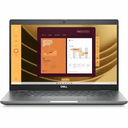 The image features a laptop computer with a screen displaying a graph or chart. The laptop is made by Dell, and it is open and ready for use. The screen is the main focus of the image, with the laptop taking up most of the frame.