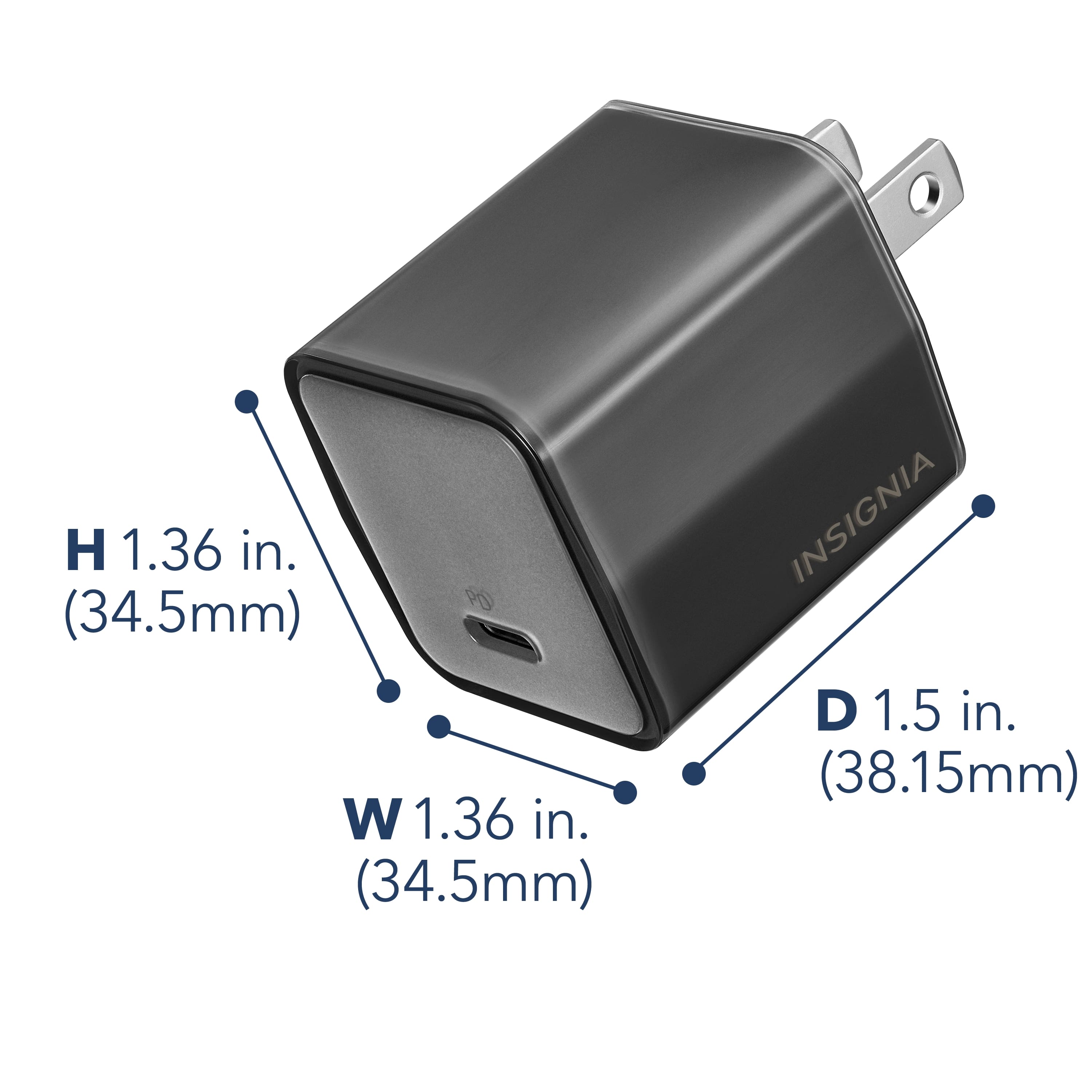 The text on the image reads:
H 1.36 in. (34.5mm) W 1.36 in. (34.5mm) INSIGNIA D 1.5 in. (38.15mm)