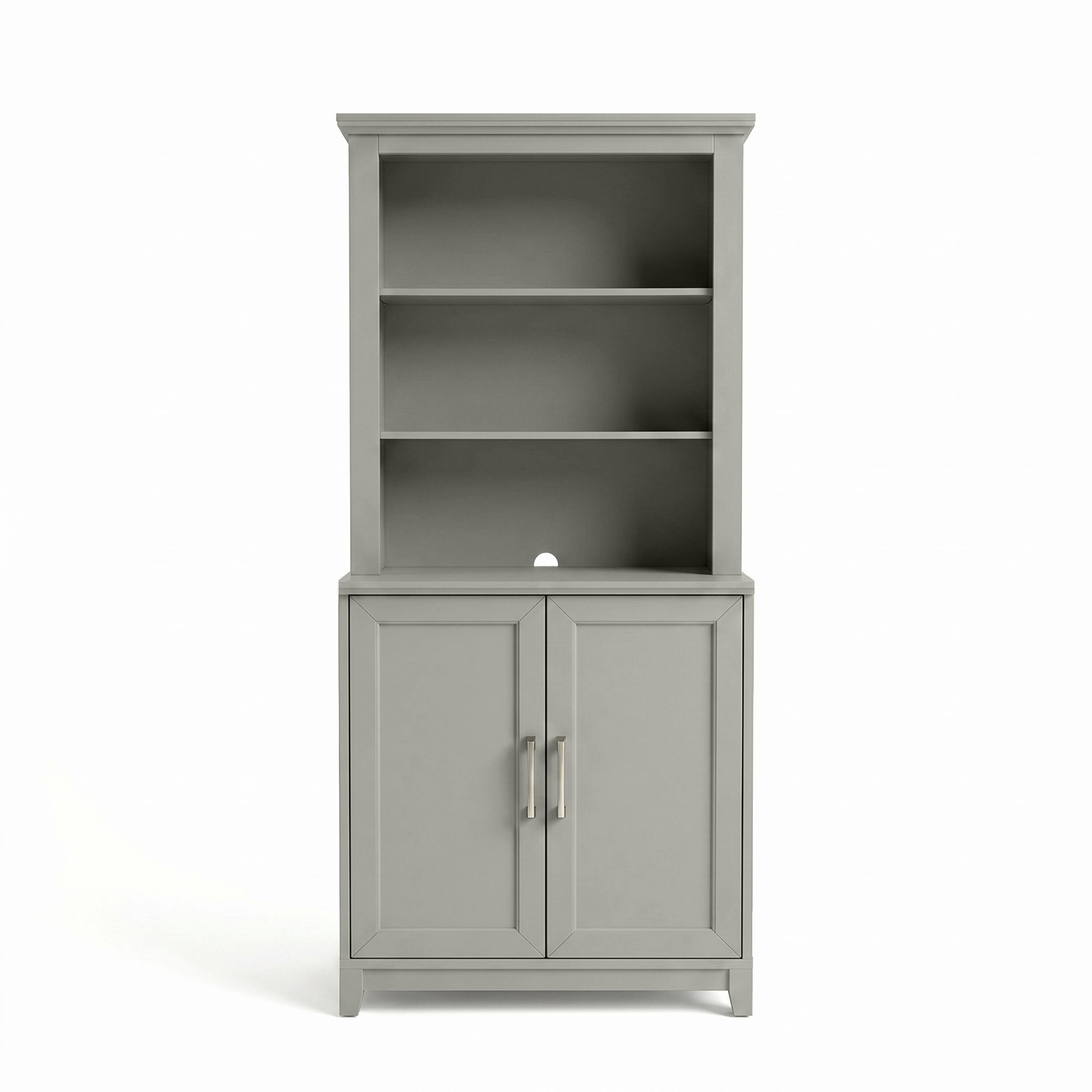 Alt View 1. Martha Stewart - Bedford 2-Piece Modular Cabinet and Hutch Set with Premium Hardware, Open Top Shelves, Soft-Close Doors - Bedford Gray/Brushed Stainless Steel Hardware.