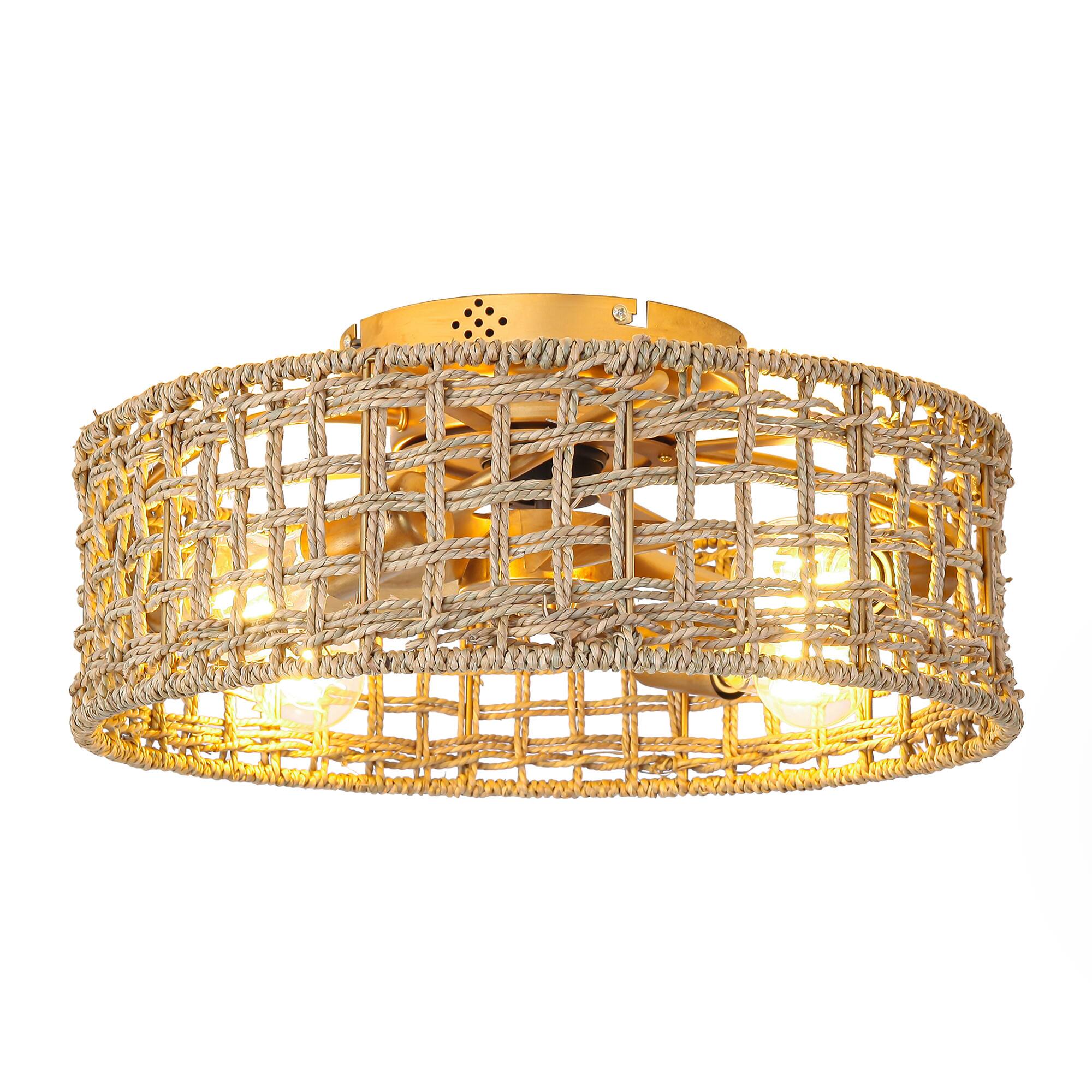 Alt View 7. Parrot Uncle - 17.72 in. Farmhouse Caged Straw Woven Smart Ceiling Fan with Light and Remote and App Control - Gold.