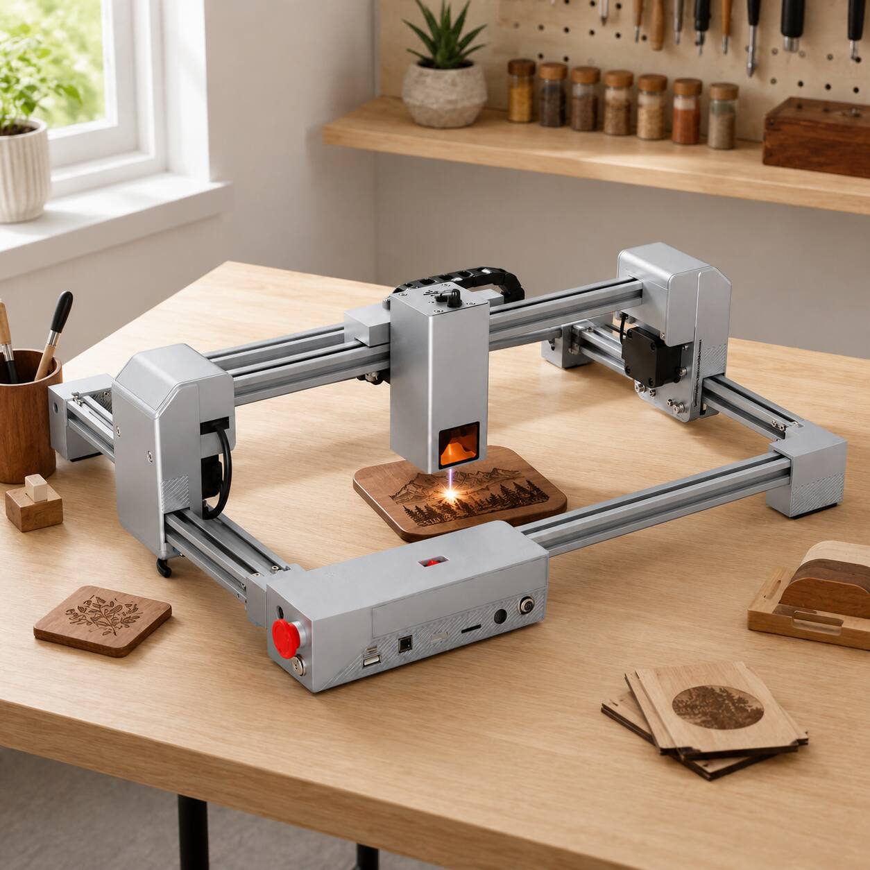 Angle. Anysun - 20W Laser Engraver w/ Air Assist, 300x300mm, Desktop Cutter, DIY Metal Color Engraving for Wood/Acrylic/Steel.