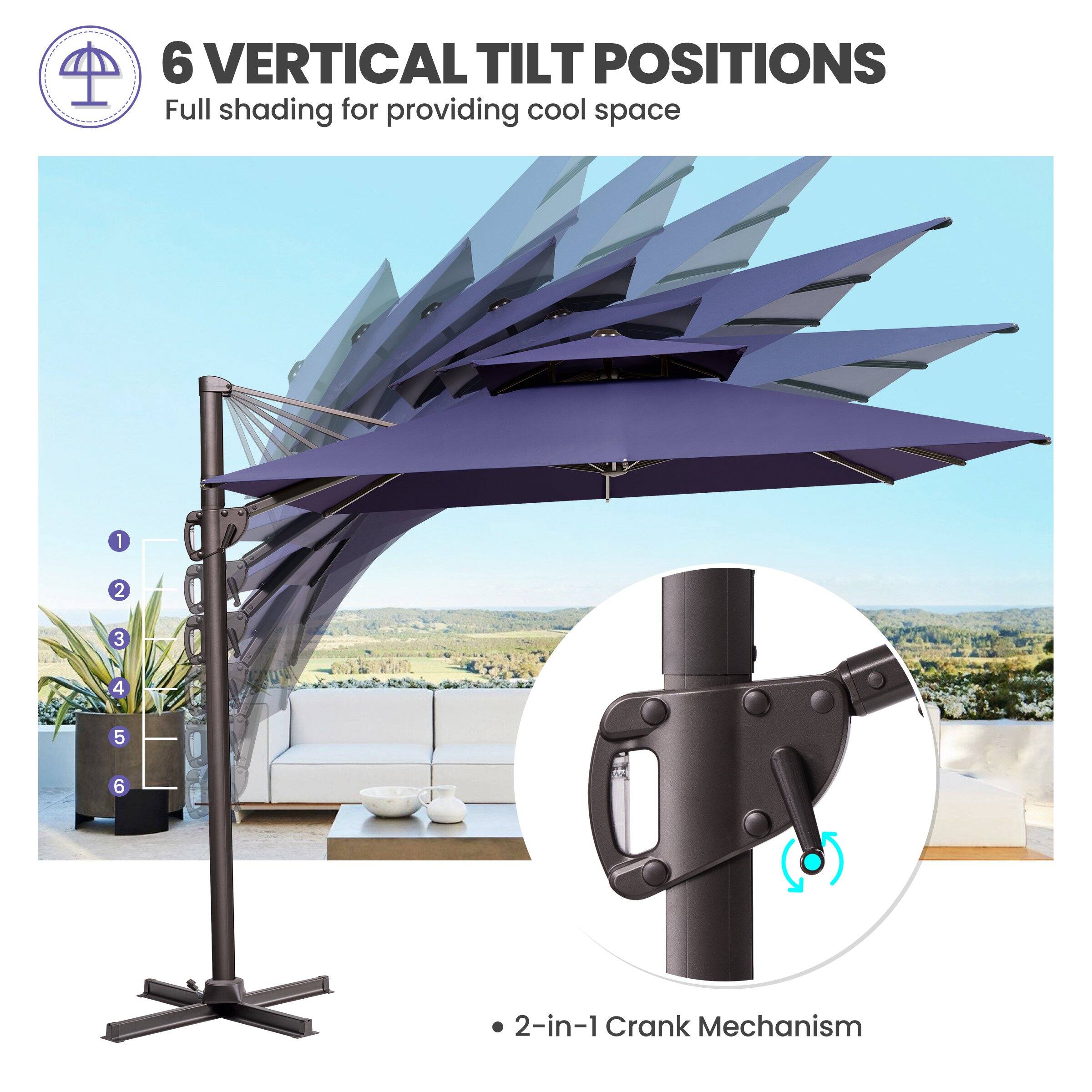 6 VERTICAL TILT POSITIONS  
Full shading for providing cool space  

1 2 3 4 5 6  

2-in-1 Crank Mechanism