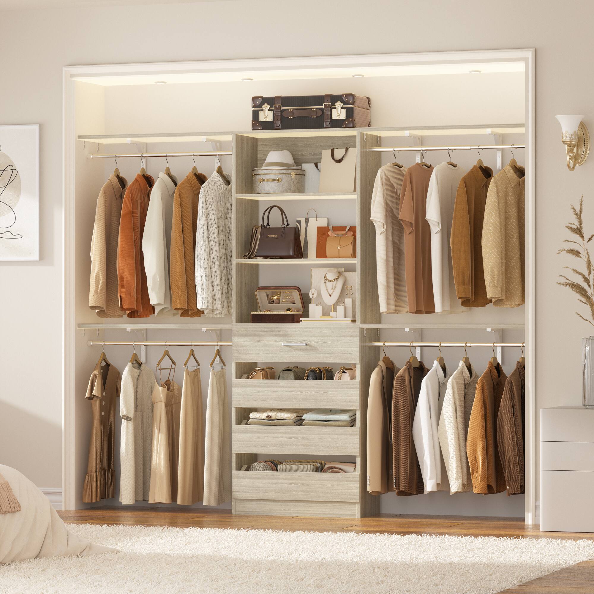 Back. Aheaplus - Heavy-Duty 8FT Closet Organizer with 4 Drawers - Customizable Storage for Spaces 4-9 ft - White Oak.