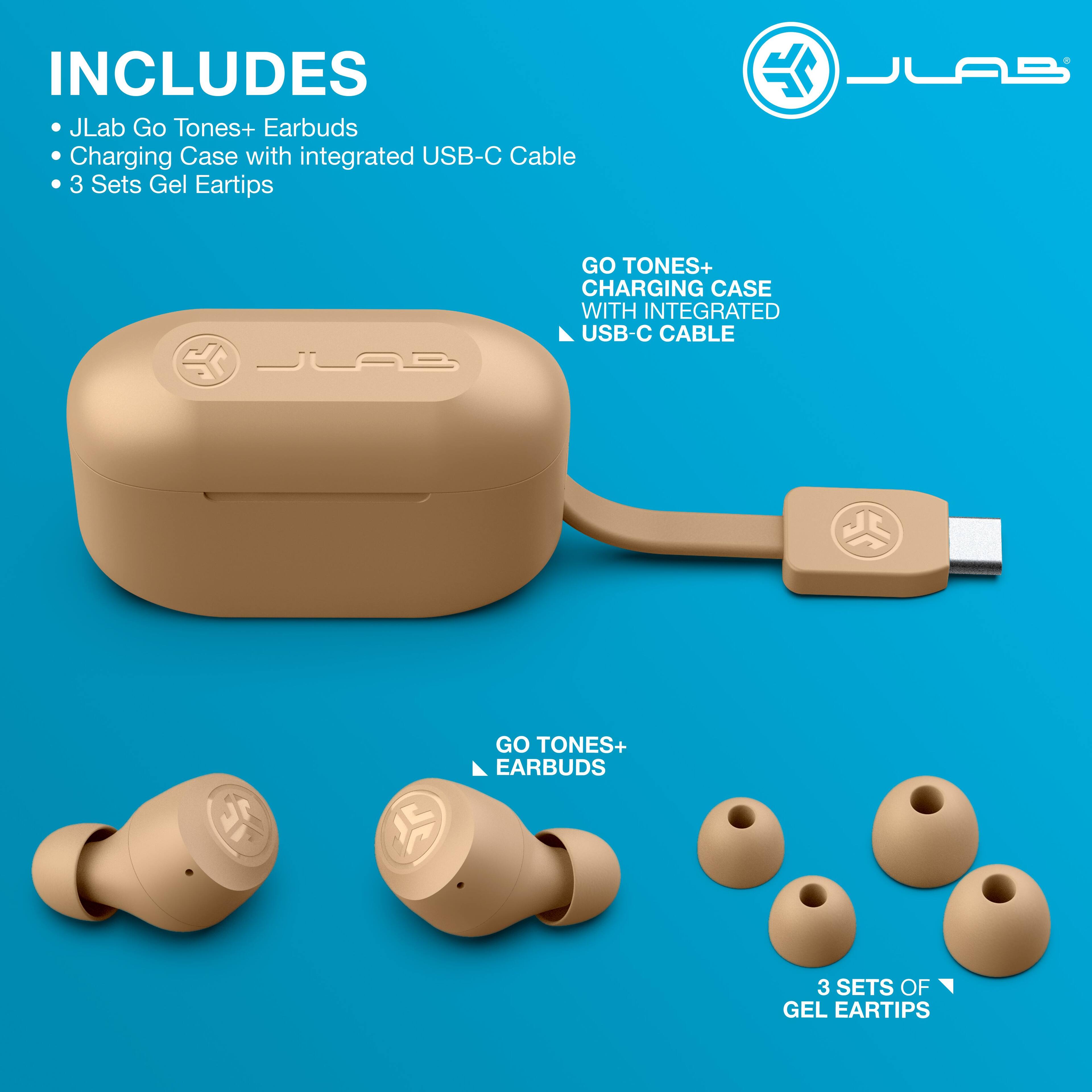 INCLUDES  
- JLab Go Tones+ Earbuds  
- Charging Case with integrated USB-C Cable  
- 3 Sets Gel Eartips  

GO TONES+ CHARGING CASE WITH INTEGRATED USB-C CABLE  
GO TONES+ EARBUDS  
3 SETS OF GEL EARTIPS