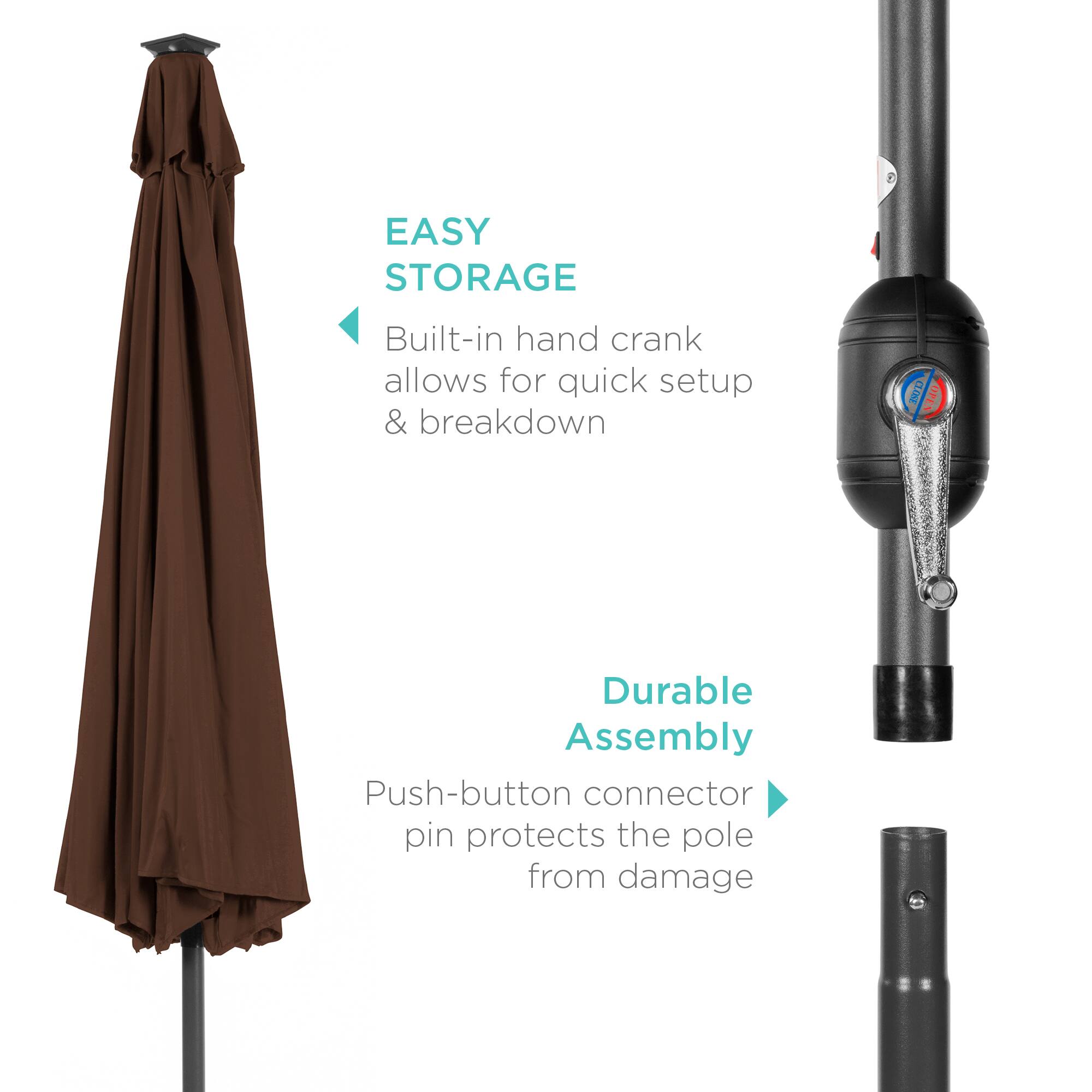 EASY STORAGE: Built-in hand crank allows for quick setup & breakdown. Durable Assembly: Push-button connector pin protects the pole from damage.