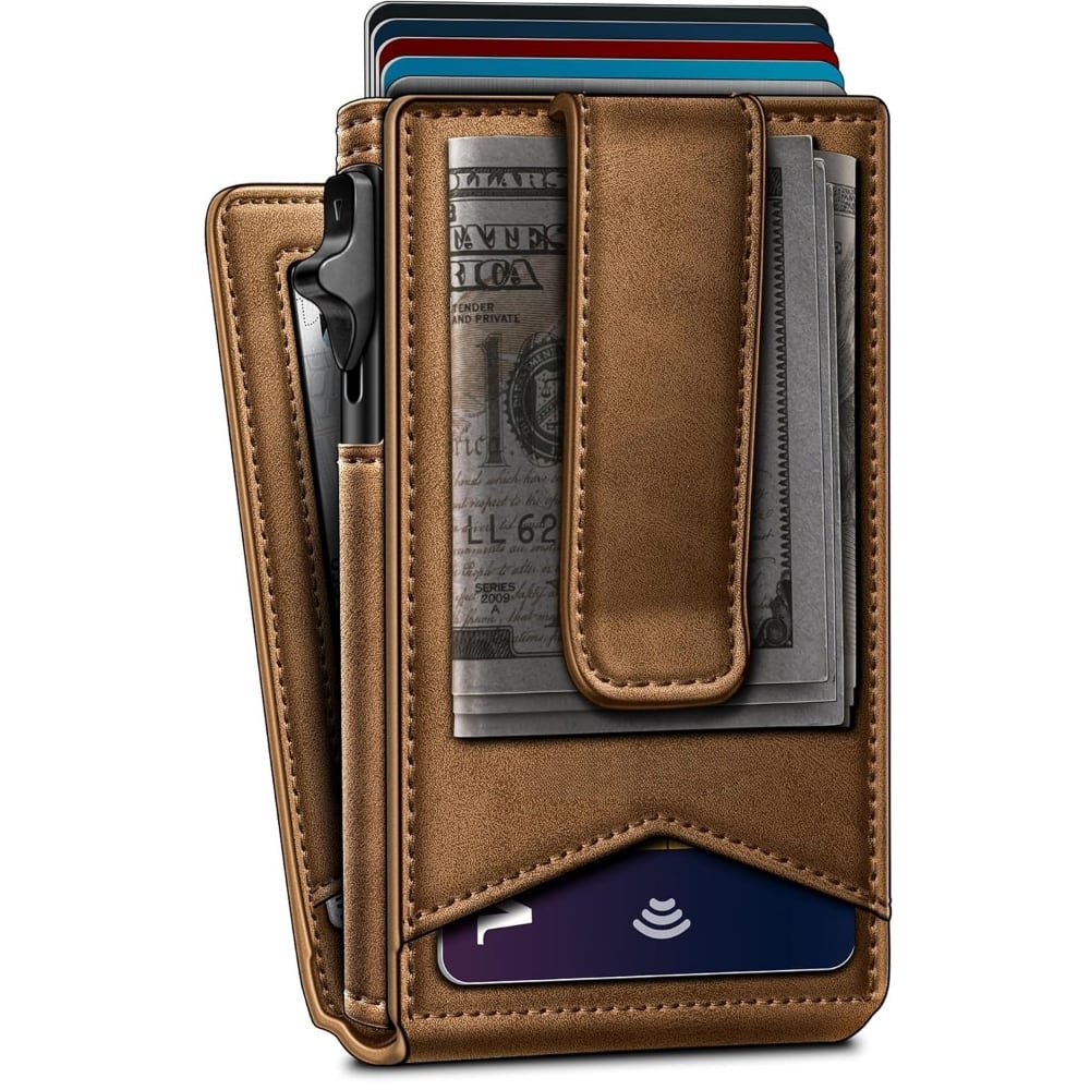 ZUQIETA - AirTag Wallet for Men - Metal Case with Pop-Up Card Holder, Money Clip, RFID & ID Window - Tiger Eye