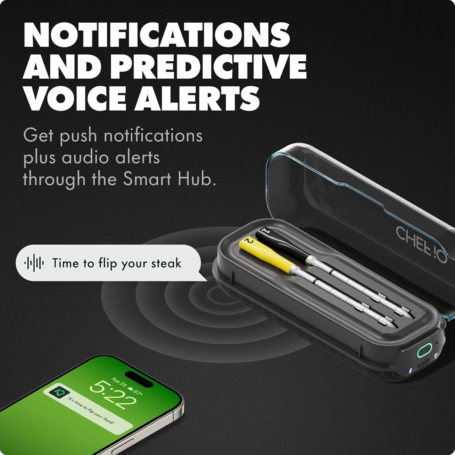 NOTIFICATIONS AND PREDICTIVE VOICE ALERTS

Get push notifications plus audio alerts through the Smart Hub.

Time to flip your steak

5:22

Time to flip your food