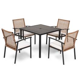 Yardgrace - 5-Piece Wicker Outdoor Patio Dining Set 4 Cushioned Chairs Square Table with Umbrella Hole for Backyard Garden Poolside - Brown