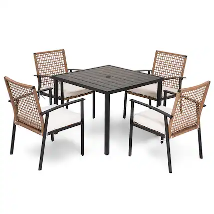 Front. Yardgrace - 5-Piece Wicker Outdoor Patio Dining Set 4 Cushioned Chairs Square Table with Umbrella Hole for Backyard Garden Poolside - Brown.