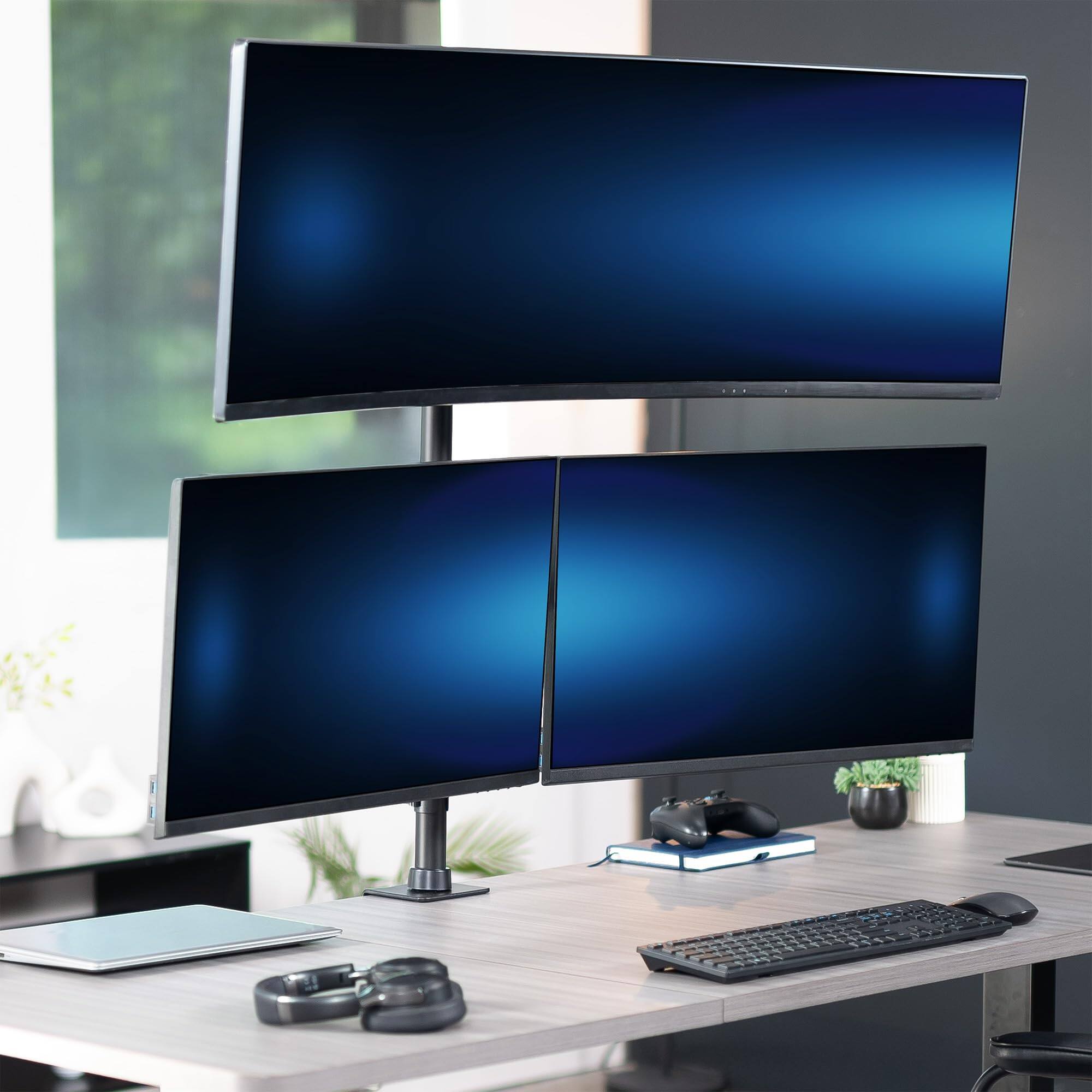 Left. Earthley Blooms - Triple Monitor Extra Tall Desk Mount Up 49 Inch Ultrawides Center Bracket 27 Screens Side Brackets Holds s - Default.