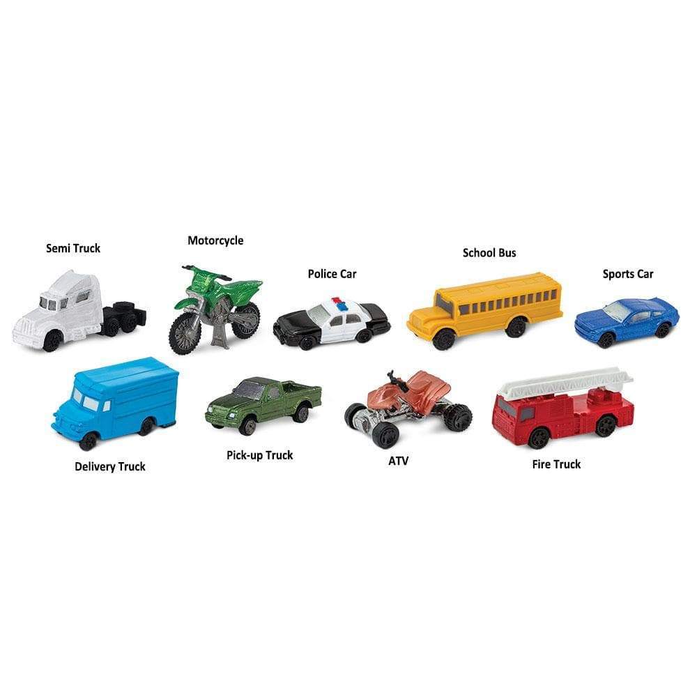 Semi Truck  
Motorcycle  
Police Car  
School Bus  
Sports Car  
Delivery Truck  
Pick-up Truck  
ATV  
Fire Truck