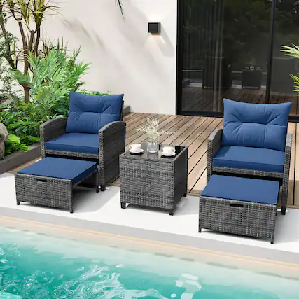 Front. Costway - 5 Piece Patio Rattan Furniture with 2 Ottomans & Tempered Glass Coffee Table - Navy + Mix Grey.