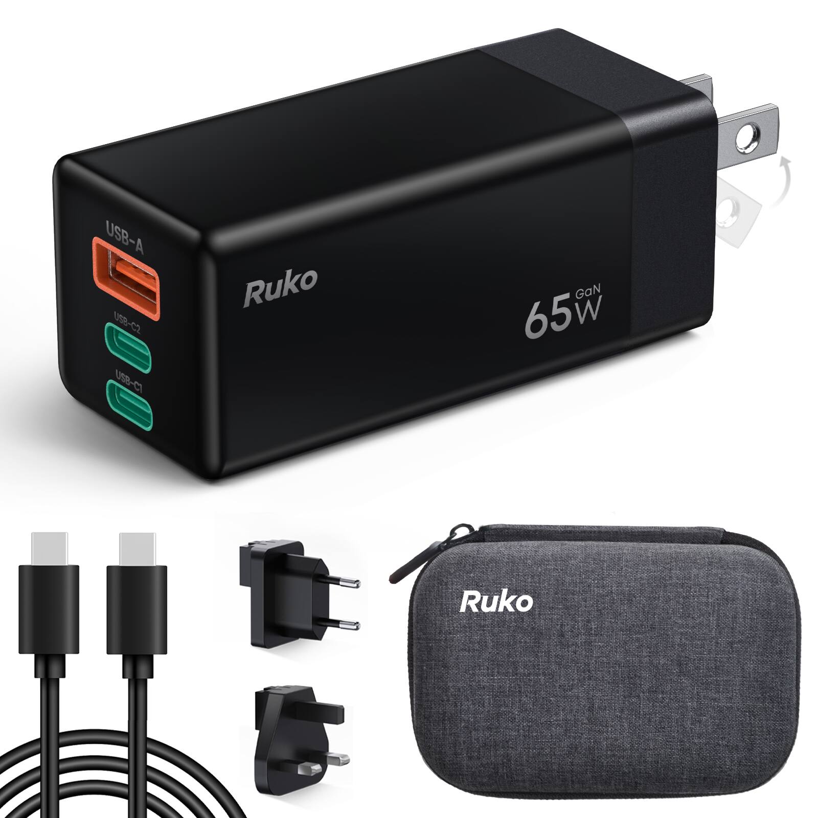 USB-A  
USB-C2  
USB-C1  
Ruko  
65W  
GaN  
Ruko
