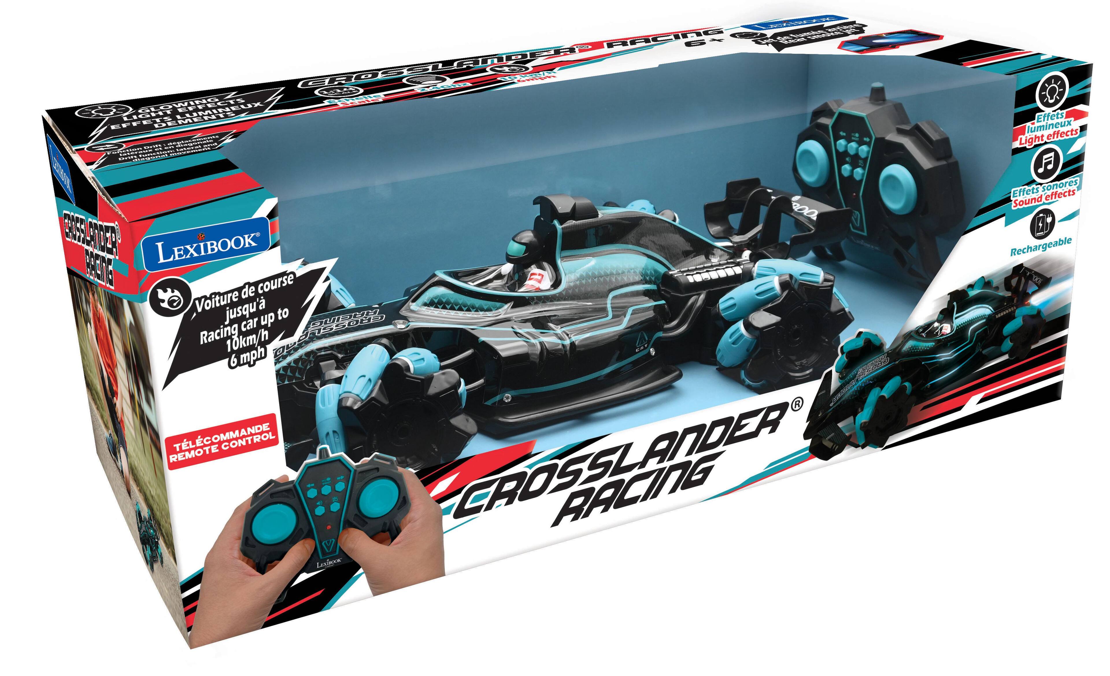 RACING 6% SON GROSSLANDER GRDER GLOWING LUMINEUX EFFETS LIGHT DEMENTS deptronment 00 GROSSURDER LEXIBOOK PREINES course de Voiture jusqu' up to car Racing 10km/h 6 mph TLCOMMANDE CONTROL REMOTE CROSSLANDER RACING LEUBOOK

Effets lumineux Light effects  Effets sonores Sound effects ZU Rechargeable YOO!