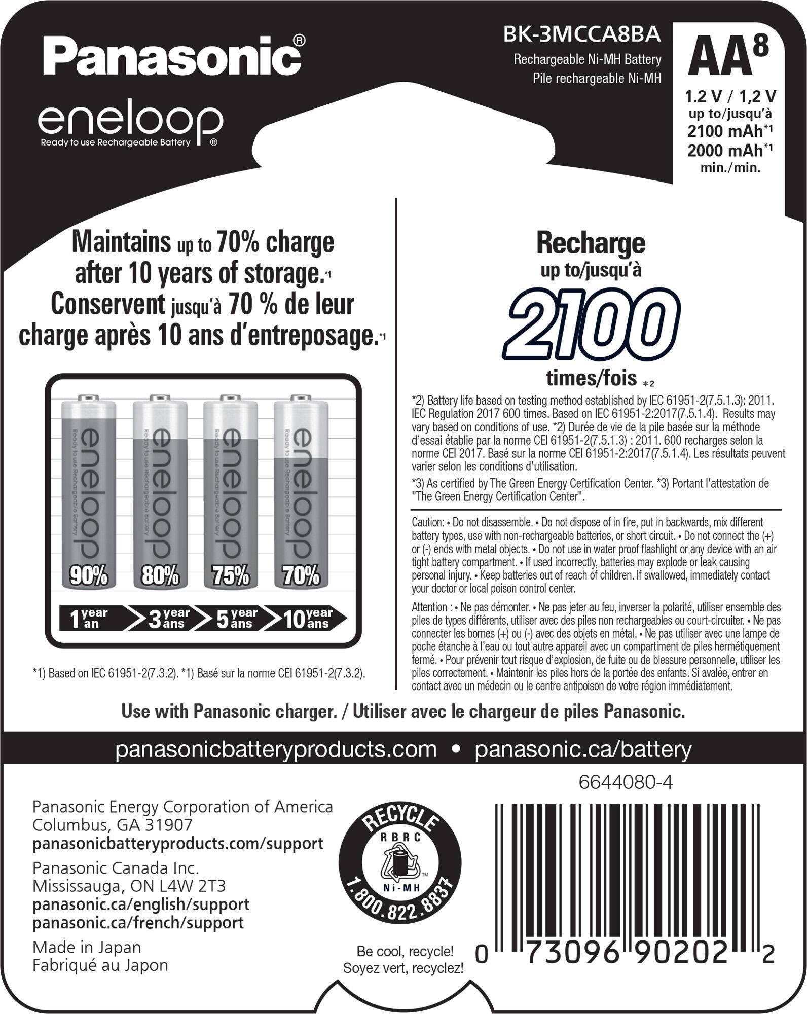 Panasonic eneloop Rechargeable Battery -3CA8BA Rechargeable Ni-MH Battery AA8 rechargeable Ni-MH 1.2 1,2 to/jusqu' 2100 mAh*1 2000 mAh* min./min. Maintains up 70% charge Recharge after 10 years of storage. up to/jusqu' Conservent jusqu' 70 % de leur charge aprs 10 ans d'entreposage.

Battery based testing method established Regulation Based 61951-22017(7 Results conditions Dure basee mthode tablie 61951-2(7.5.1.4) rsultats peuvent conditions d'utilisation. certified Energy Certification Center. Portant l'attestation eneloop eneloop eneloop eneloop battery Caution: types, Energy disassemble. Certification objects. non-rechargeable Center". dispose batteries, flashlight circuit. backwards, connect different battery compartment incorrectly. batteries explode causing 90% 80% 75% 70% personal injury. Keep batteries children. swallowed, immediately contact doctor poison control Attention dmonter. inverser po.