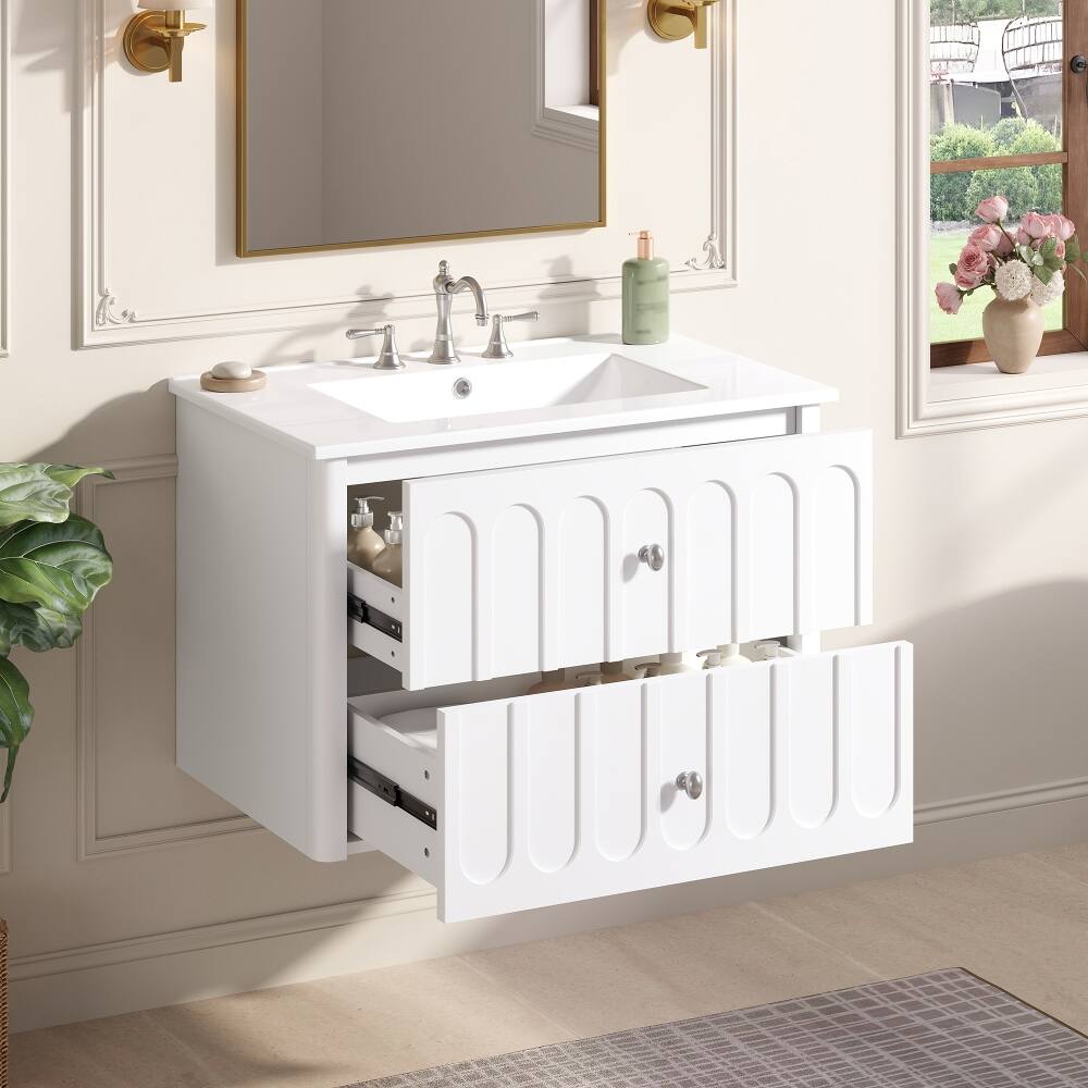 Back. Loheer - Loheer 30 inch floating bathroom vanity White Wall Mounted Cabinet with Ceramic Sink - White.