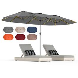Gymax - 15.5 FT Double-sided Patio Umbrella w/ Solar Lights Outdoor Twin Size Umbrella Grey - Gray