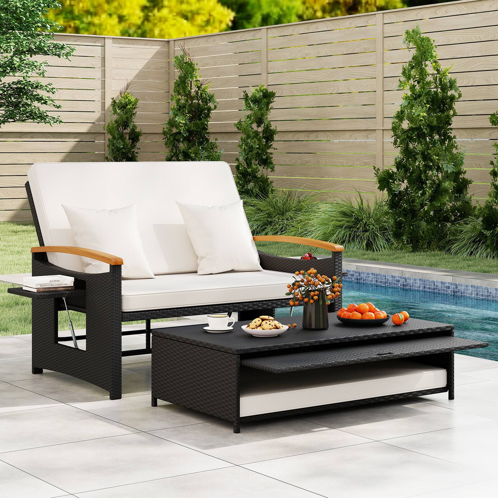 Alt View 3. Gymax - Gymax Patio Rattan Daybed Set w/Cushioned Loveseat & Storage Ottoman for Porch Outdoor White - White.