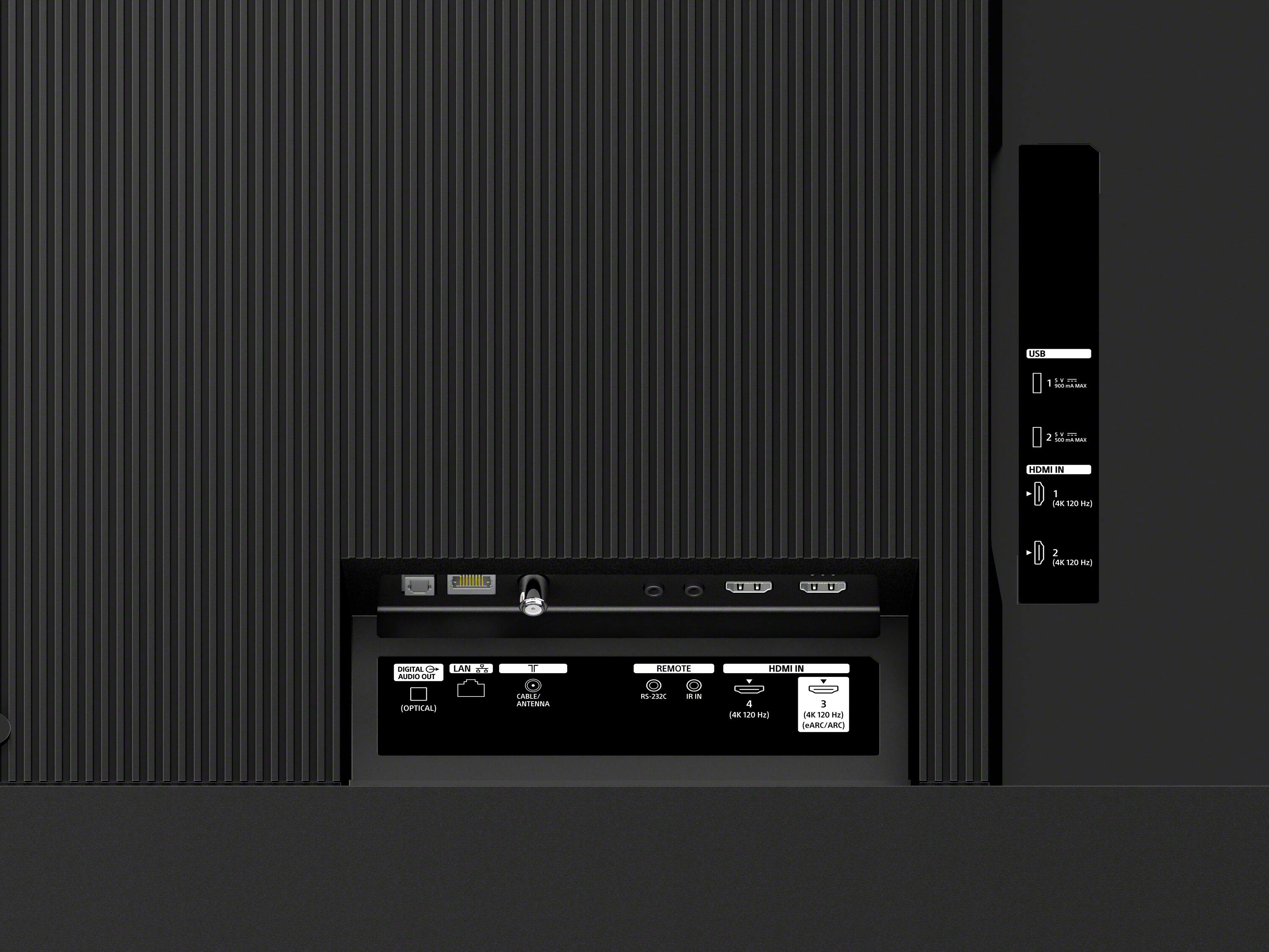 1. USB
   - 1 x USB 2.0 (HOST MAX)
   - 2 x USB 2.0 (HOST MAX)

2. HDMI IN
   - 1
   - 2
   - 3 (4K 120 Hz) (ARC/ARC)
   - 4 (4K 120 Hz)

3. DIGITAL AUDIO OUT (OPTICAL)

4. LAN

5. CABLE/ANTENNA

6. REMOTE
   - RS-232C
   - IR IN

7. HDMI IN
   - 1
   - 2
   - 3 (4K 120 Hz) (ARC/ARC)
   - 4 (4K 120 Hz)